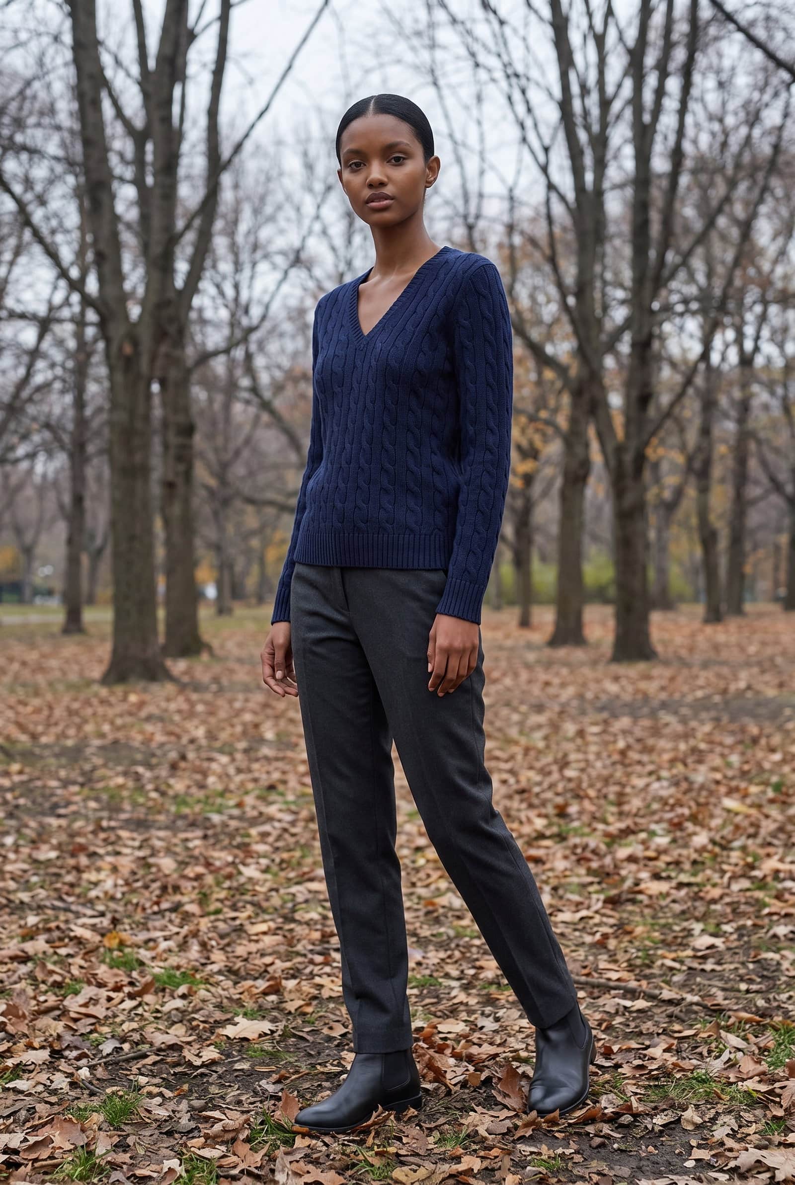 Navy Cable Knit V-Neck Sweater