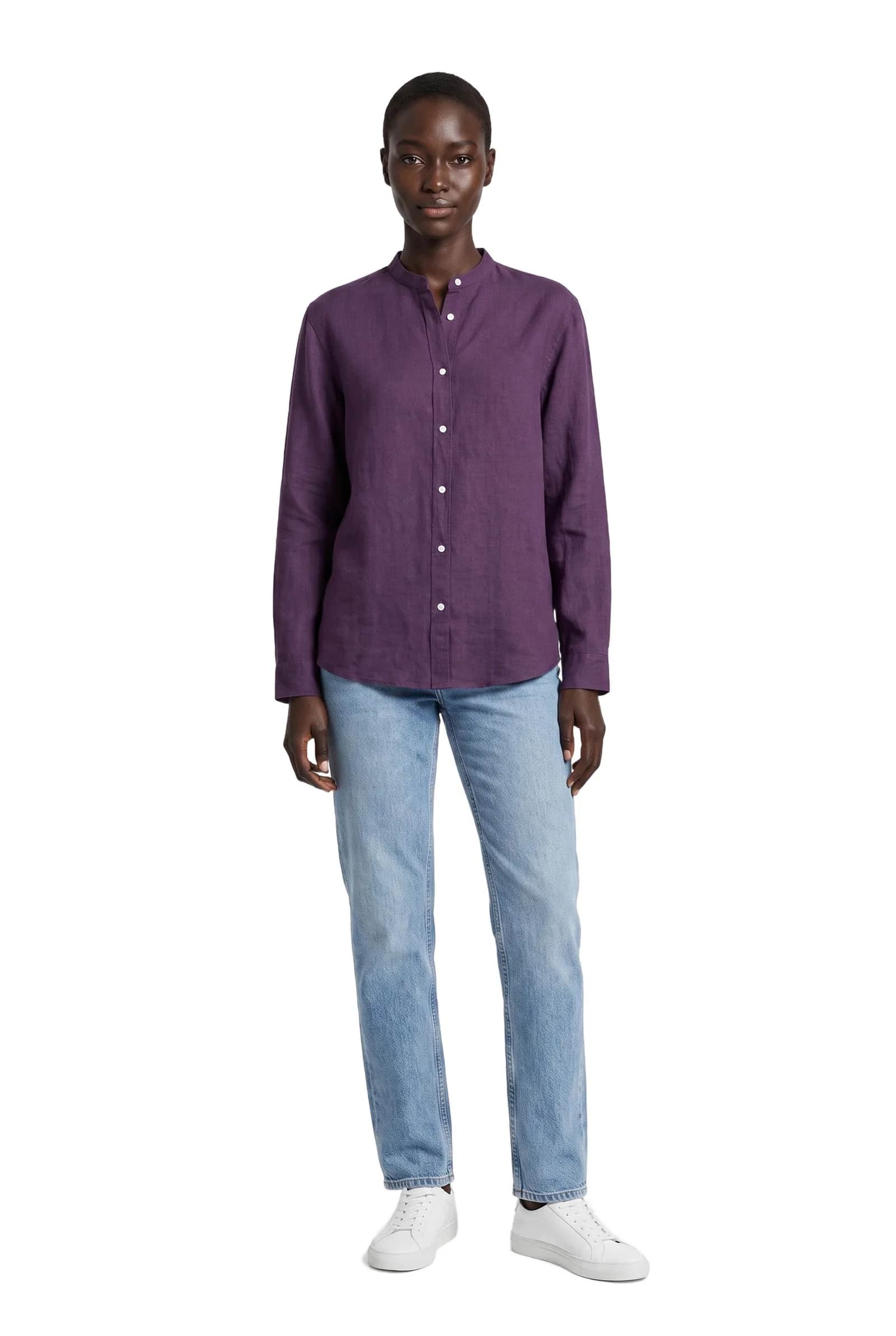 Purple Linen Mandarin Collar Shirt