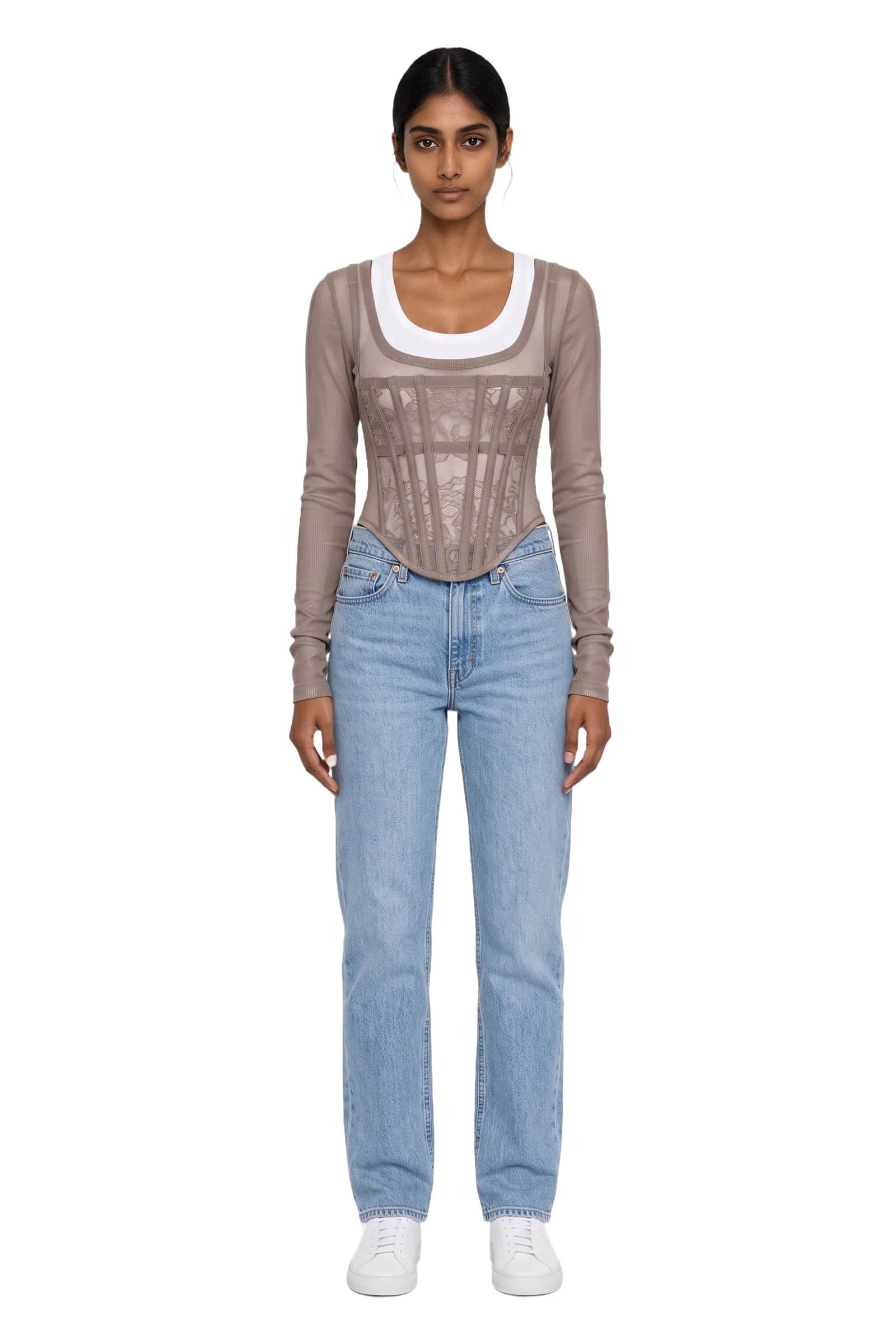 Long-Sleeve Corset Top With Lace Overlay