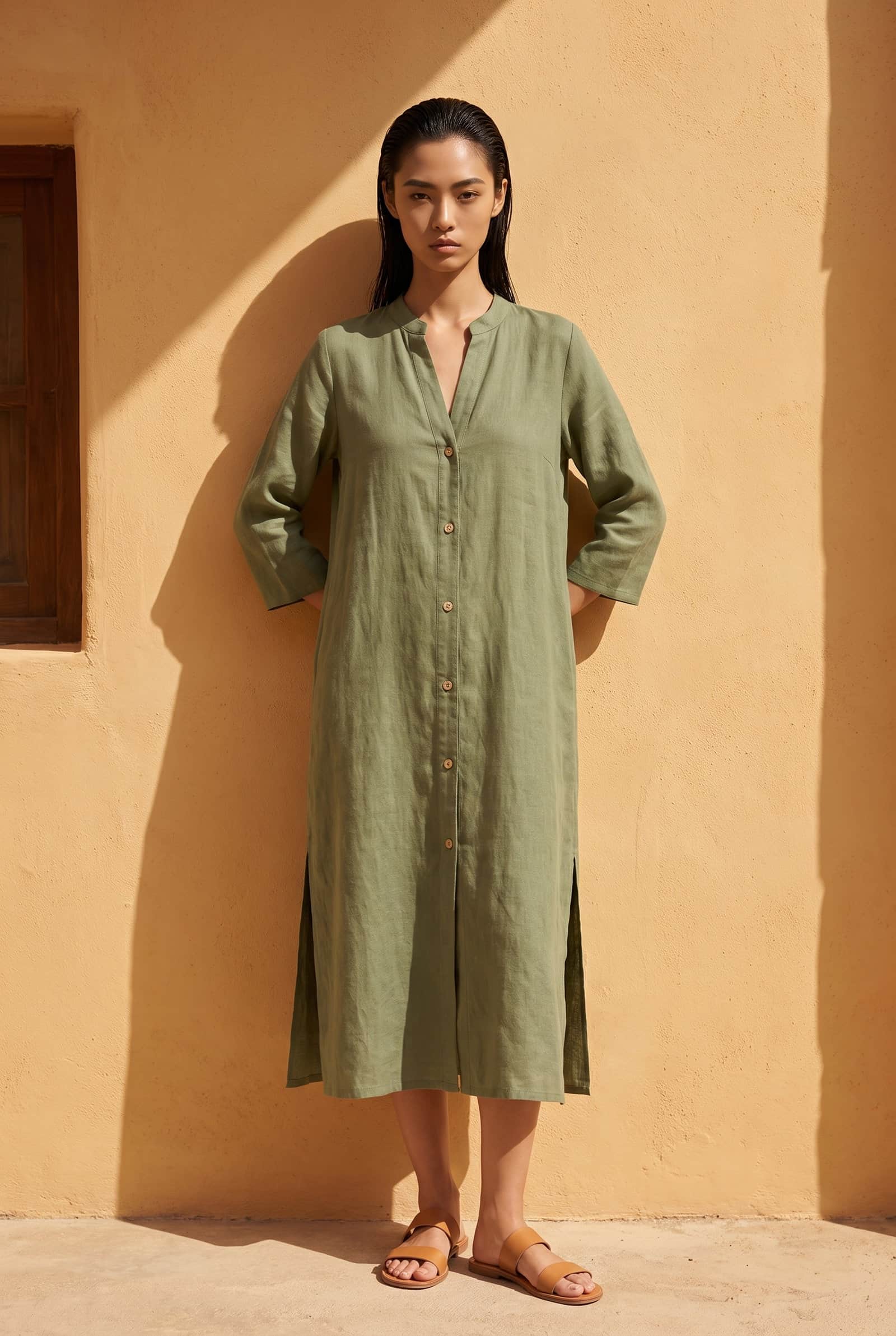 Olive Green Linen Kaftan Dress