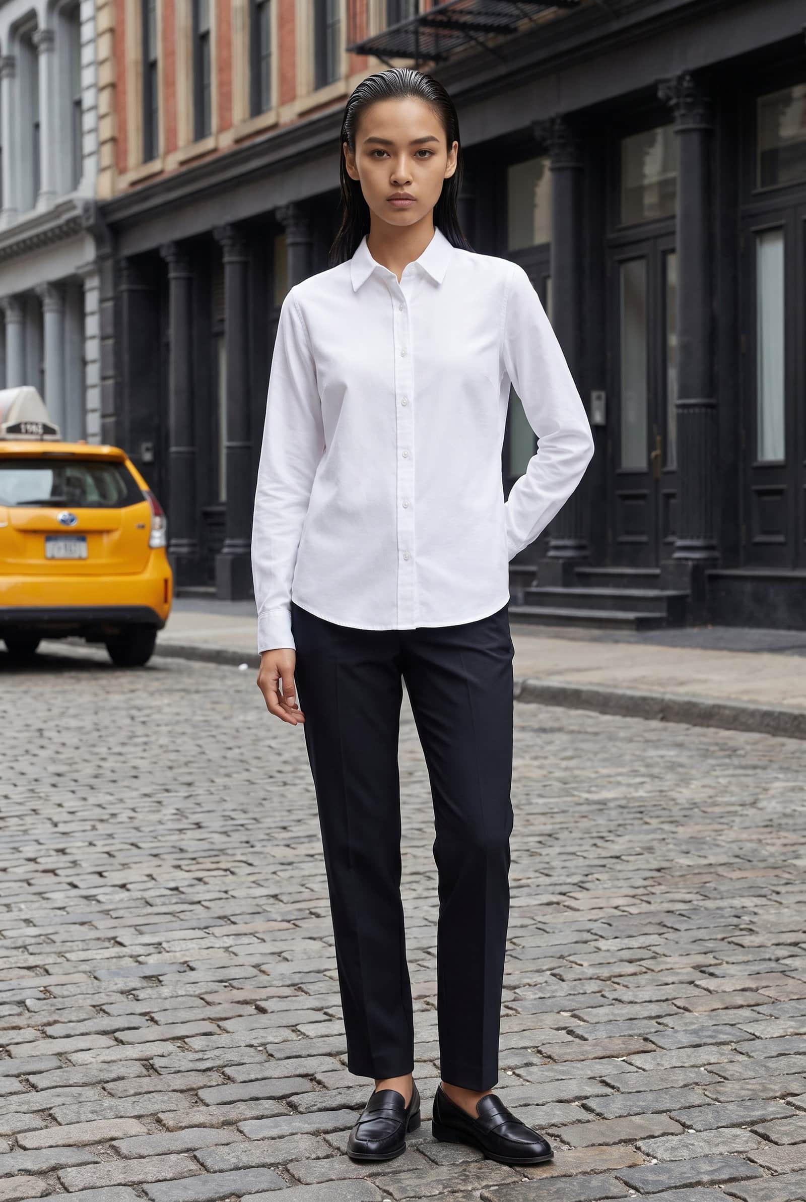 White Long-Sleeve Button-Down Uniform Shirt