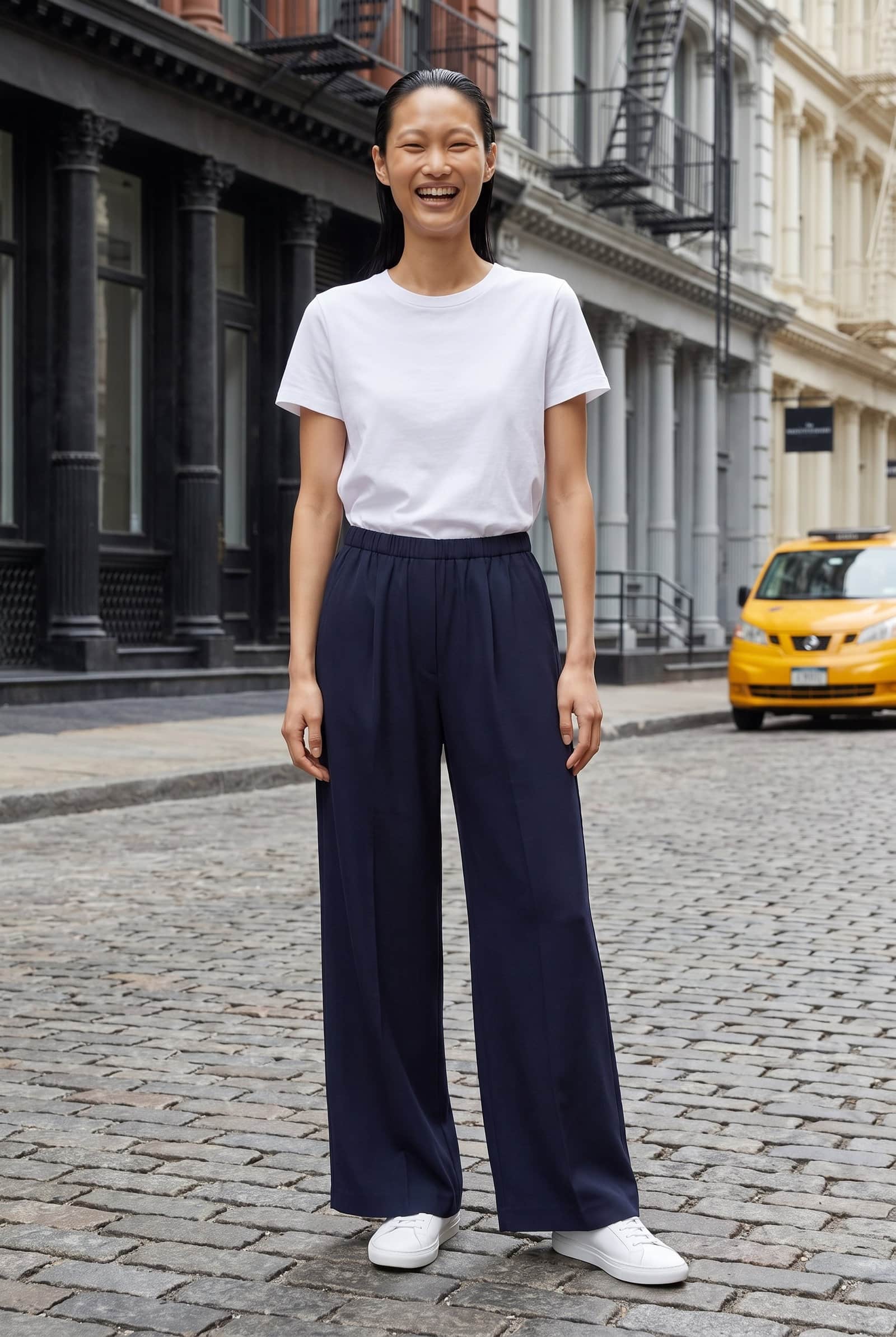 Navy Silk Wide-Leg Pants