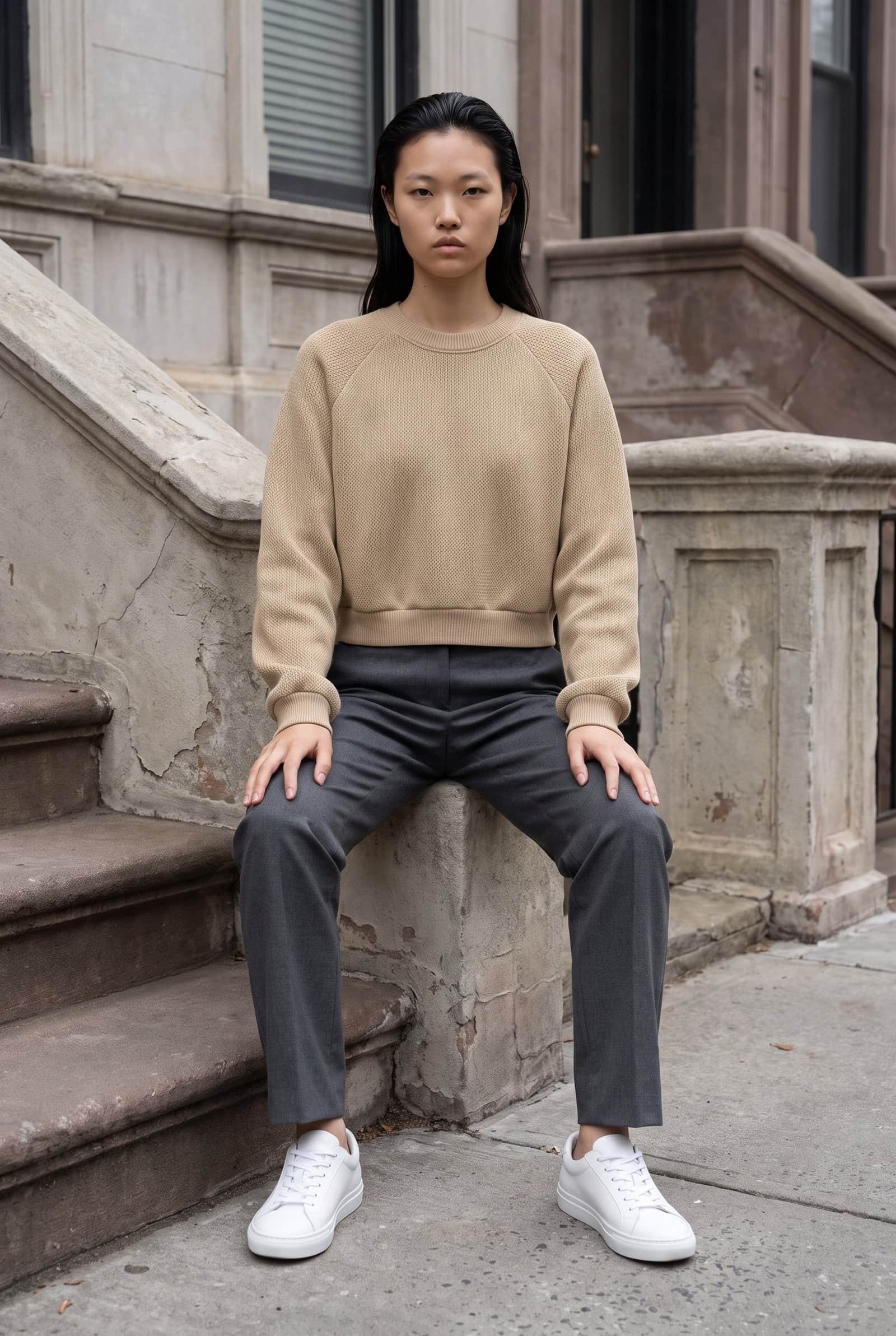 Tan Raglan Sleeve Cropped Sweatshirt.