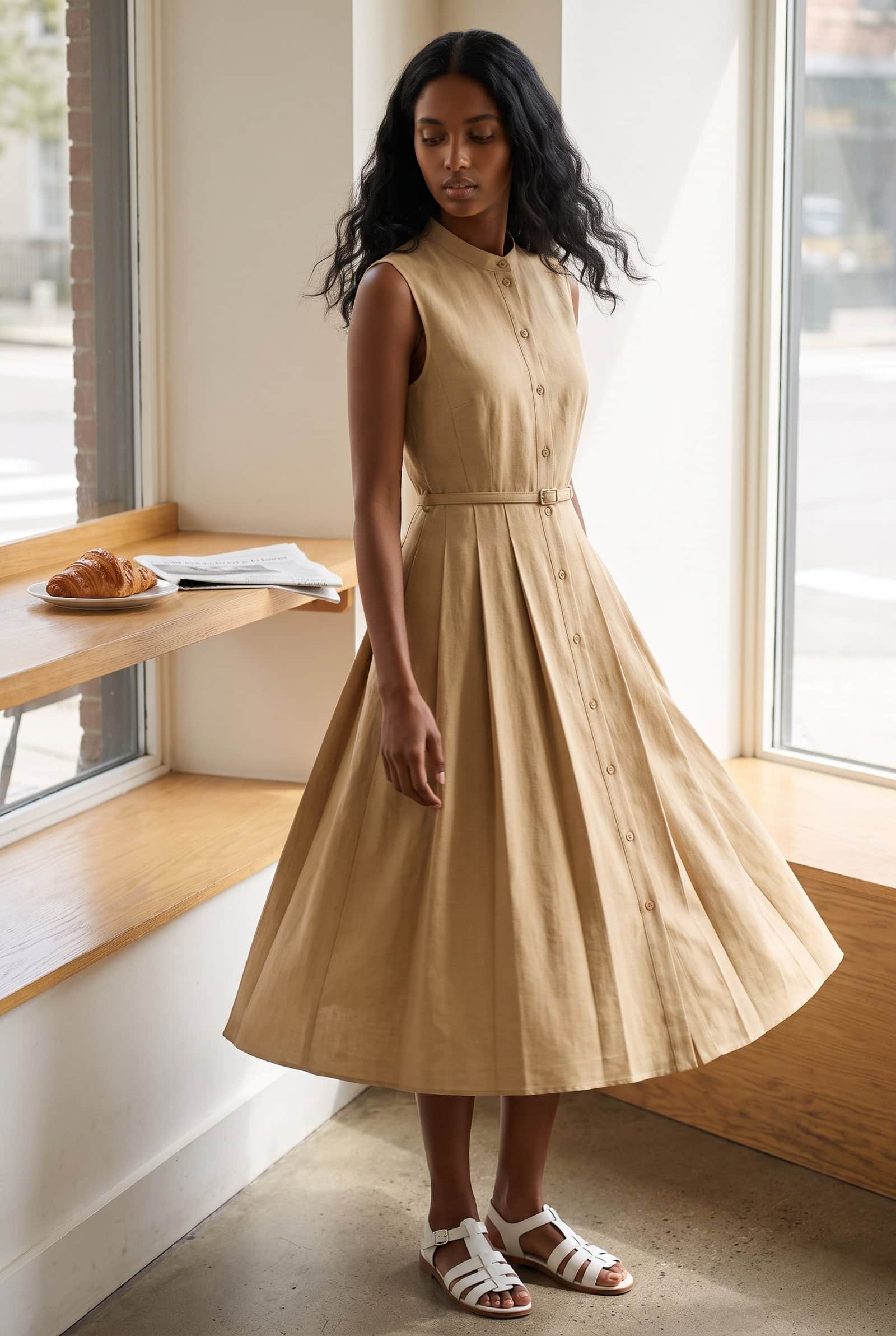 Beige Sleeveless Pleated Midi Dress
