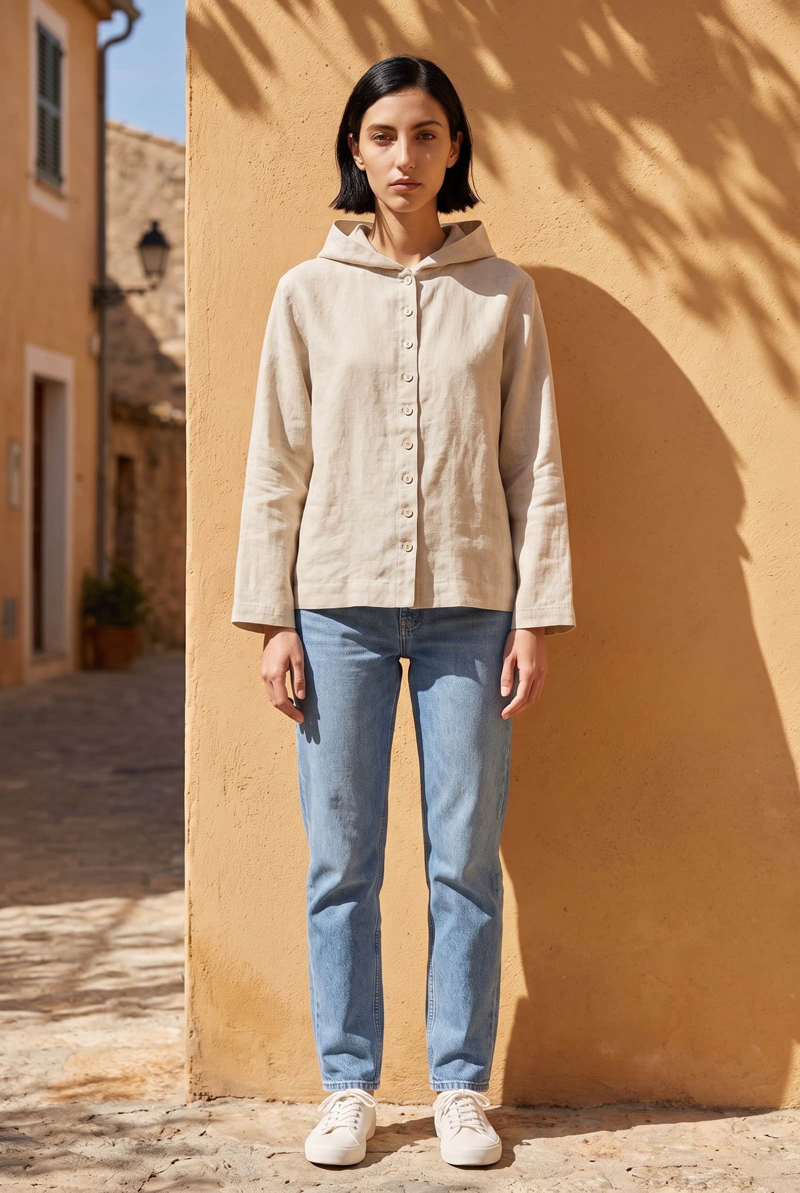 Button-Front Linen Hoodie