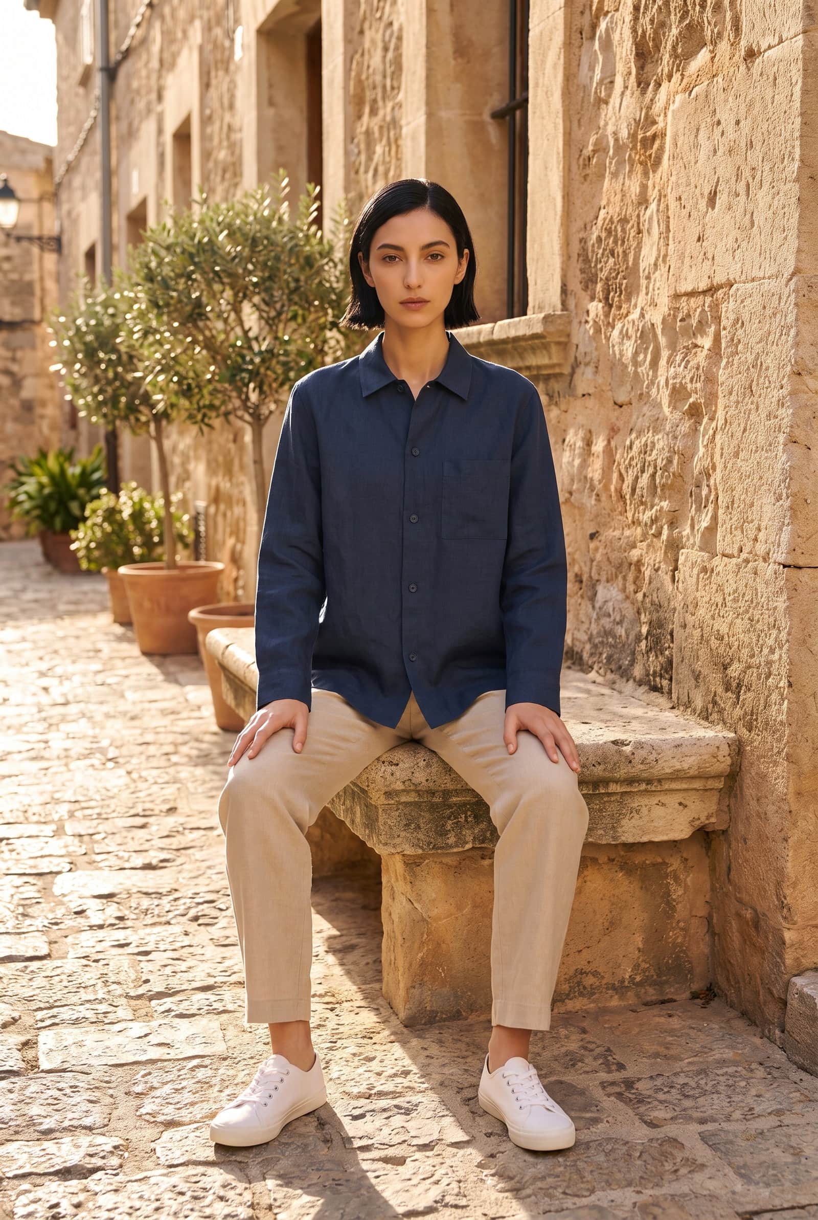 Dark Indigo Long-Sleeve Linen Overshirt
