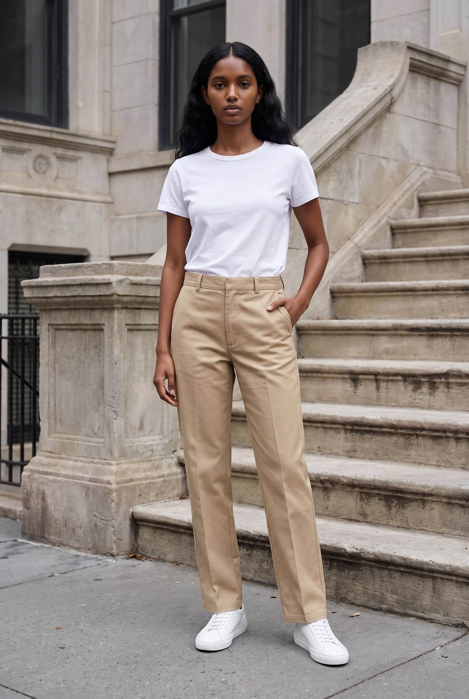 Beige Cotton Twill Chino Pants