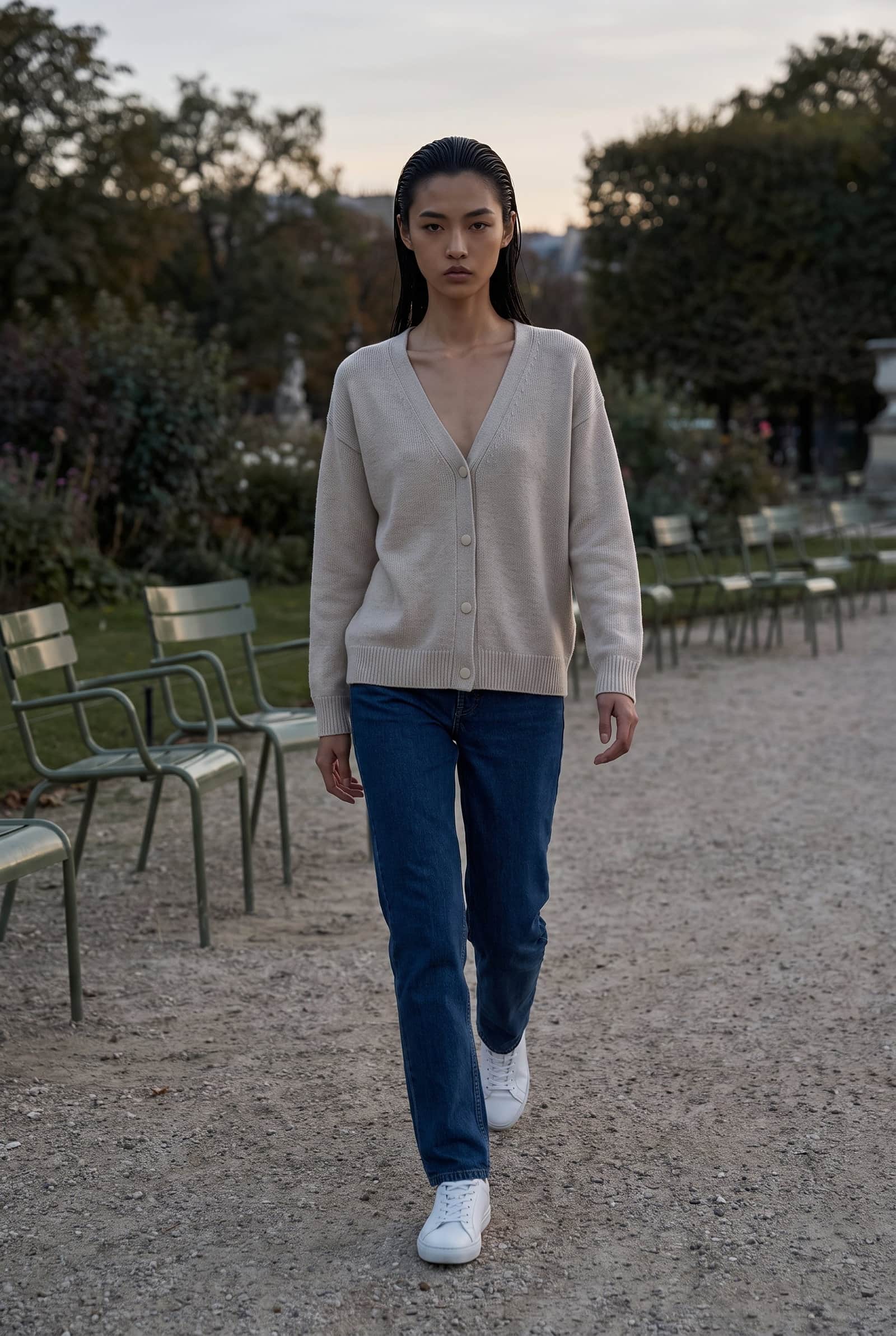 Beige V-Neck Fine-Knit Cardigan