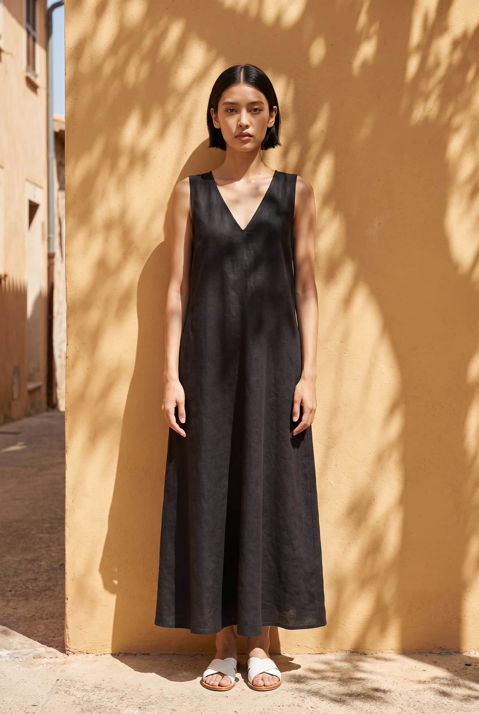 Black Linen V-Neck Maxi Dress