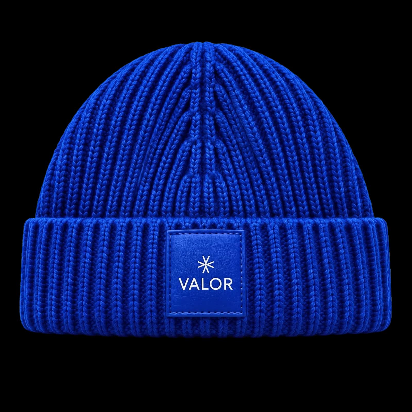 Royal Blue Ribbed Knit Beanie With Leather Patch