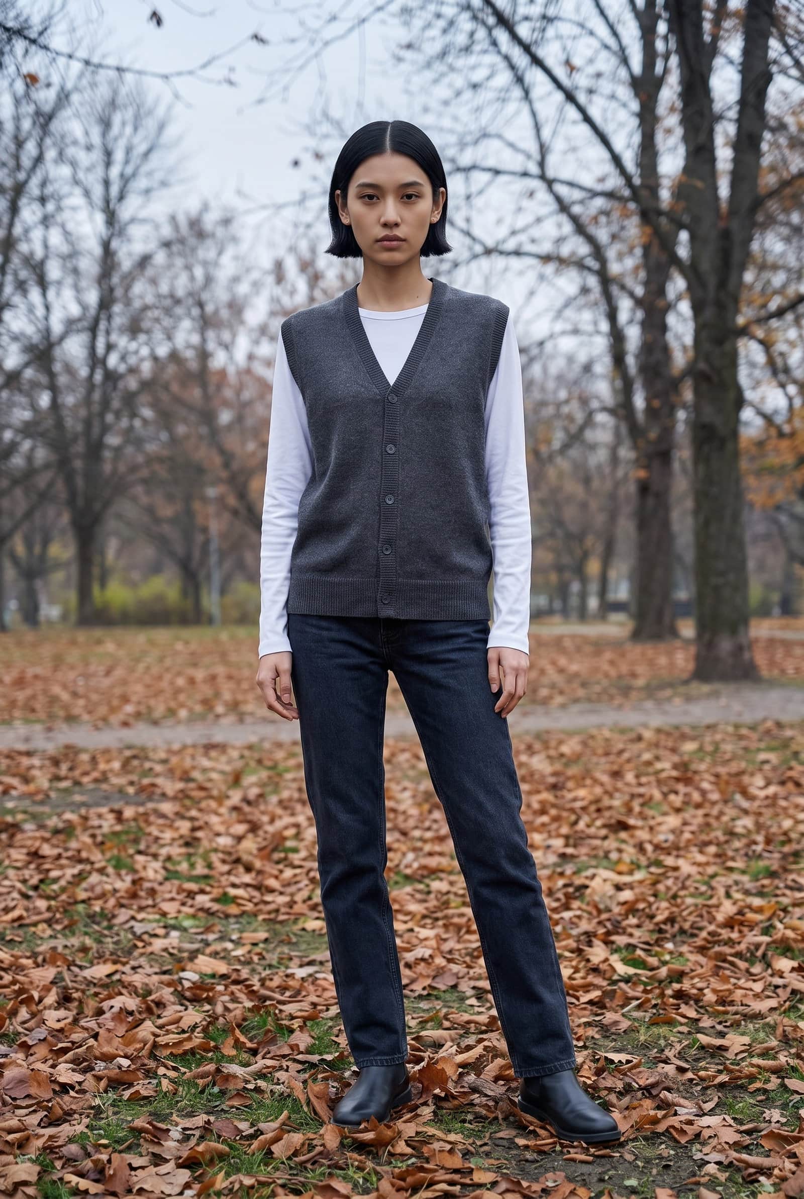 dark charcoal grey v-neck button sweater vest.