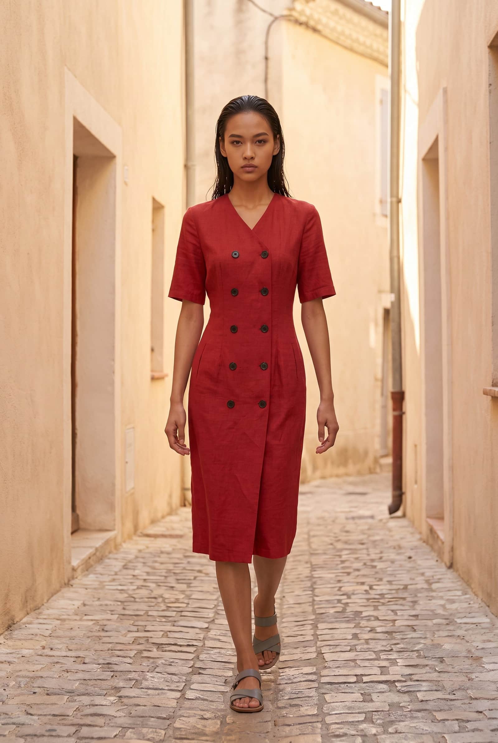 Red Linen Shirt Dress