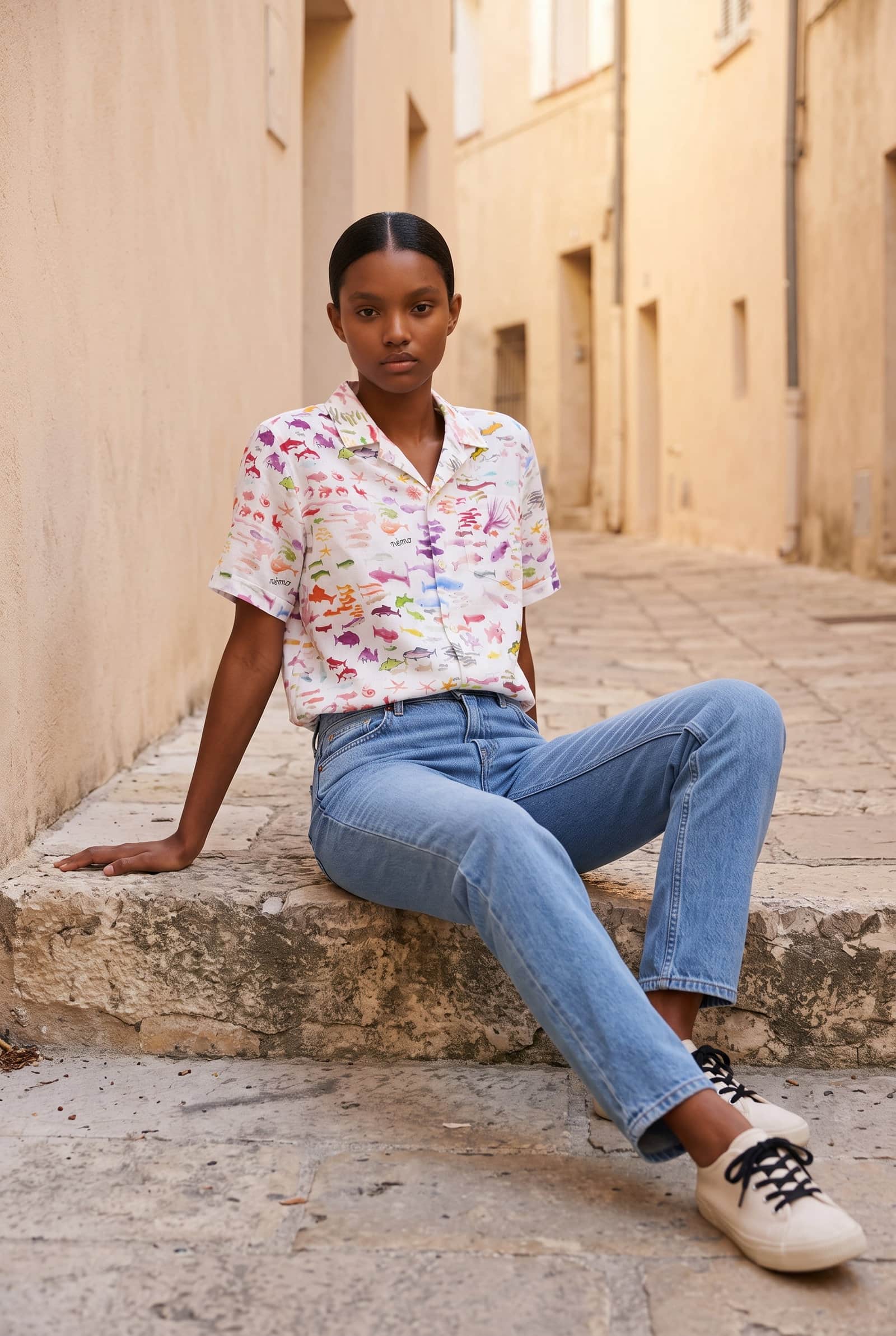 White Short-Sleeved Shirt With Fish Pattern
