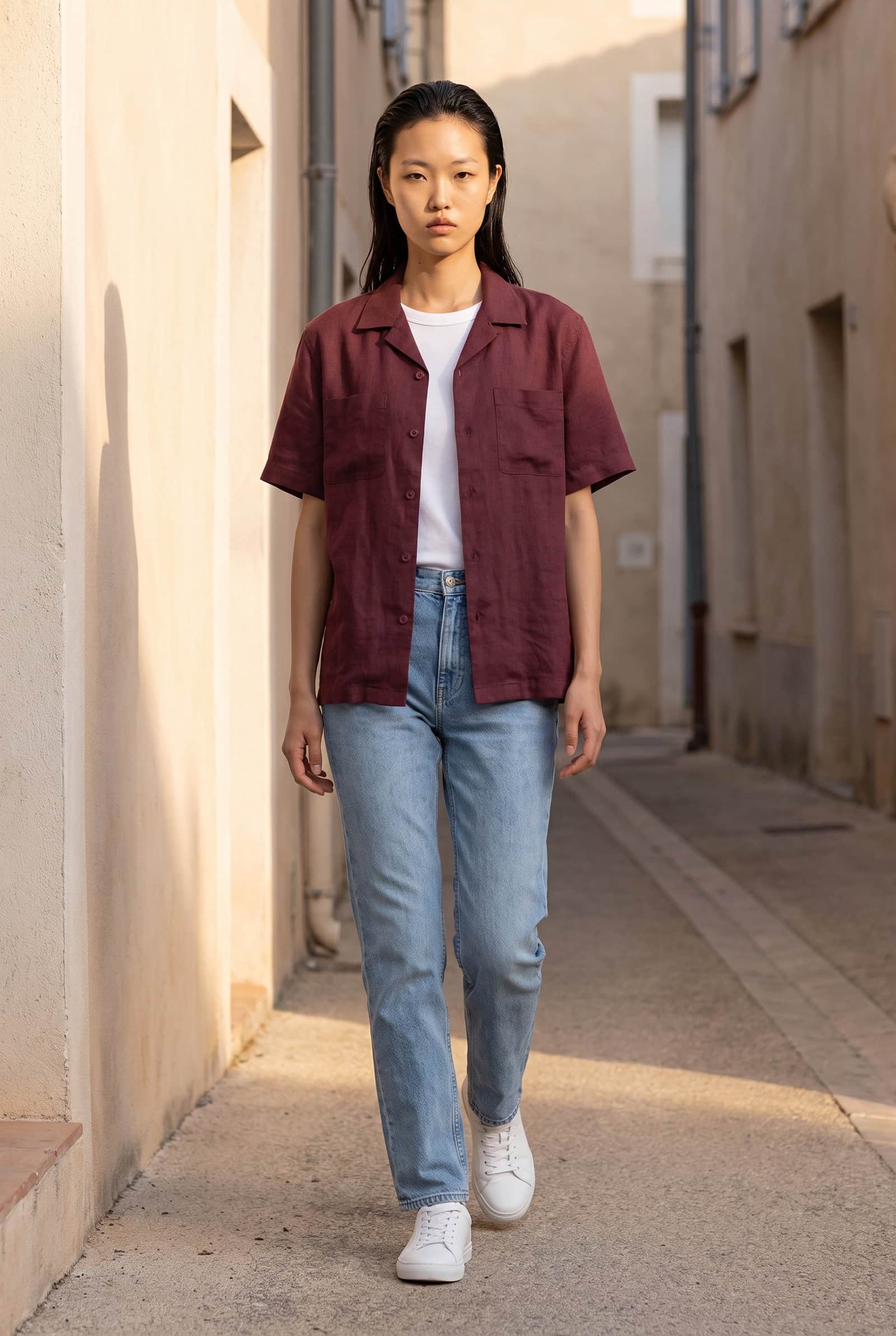 maroon Linen Short Sleeve Shirt