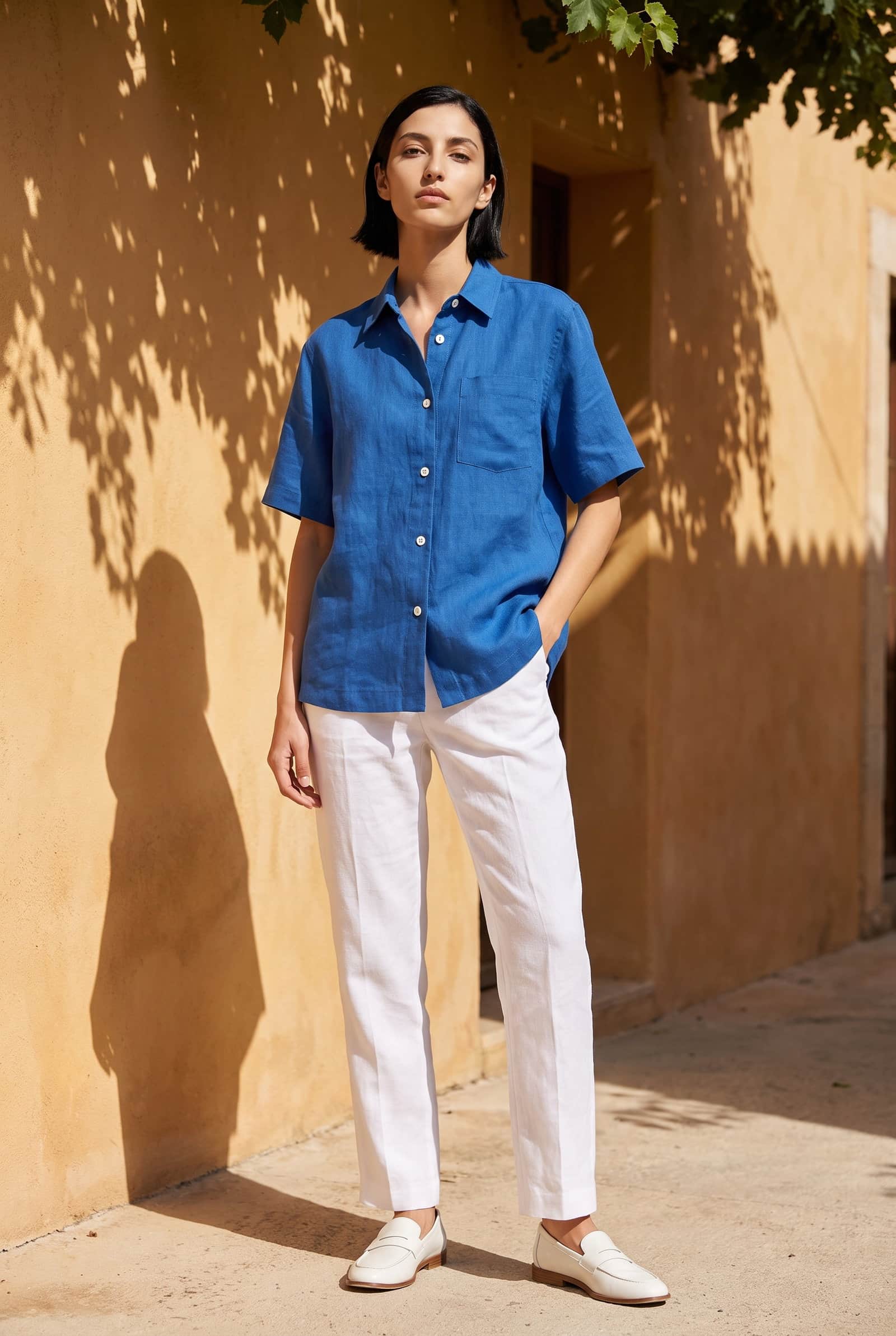 Blue Short Sleeve Shirt with White Buttons