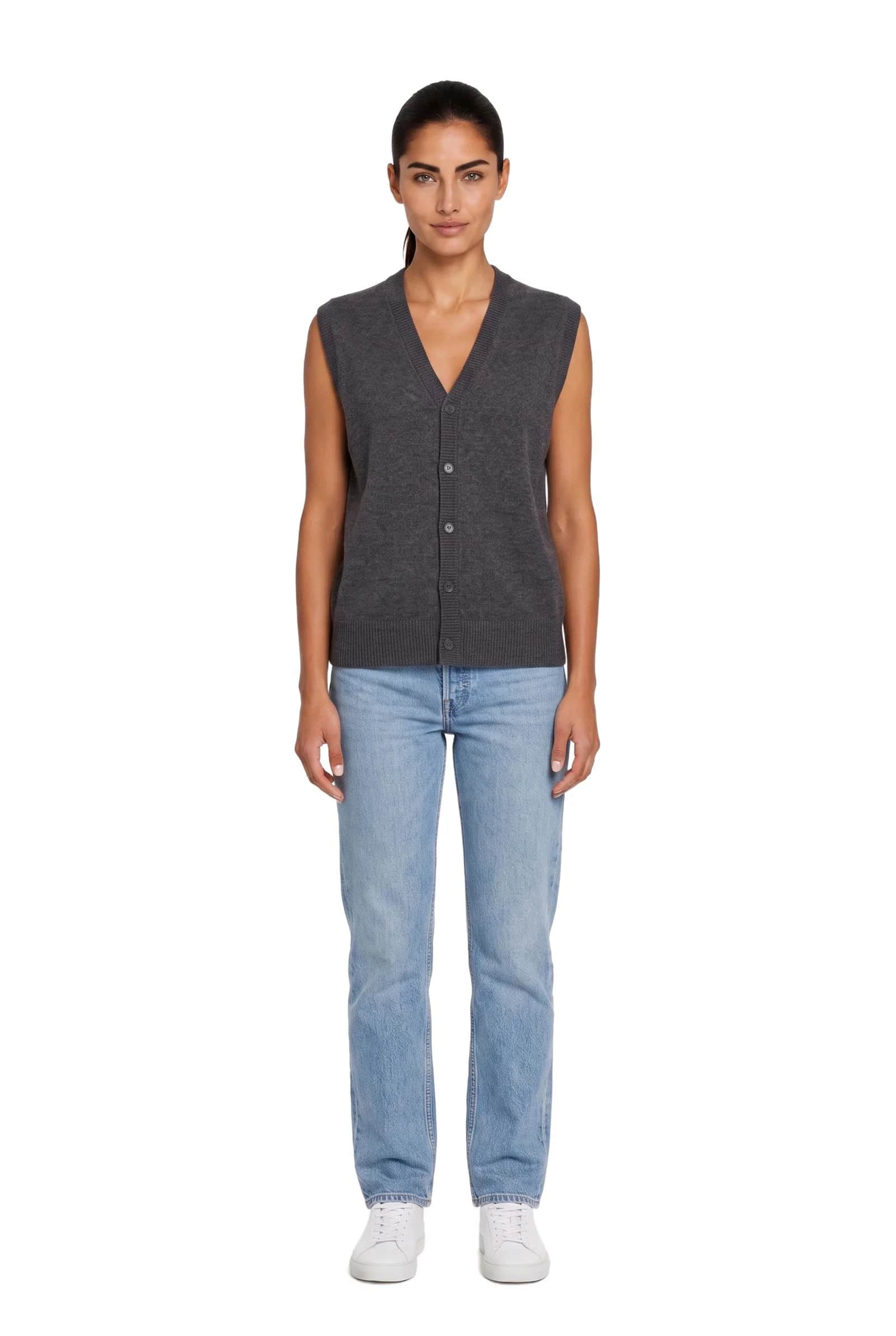 dark charcoal grey v-neck button sweater vest.