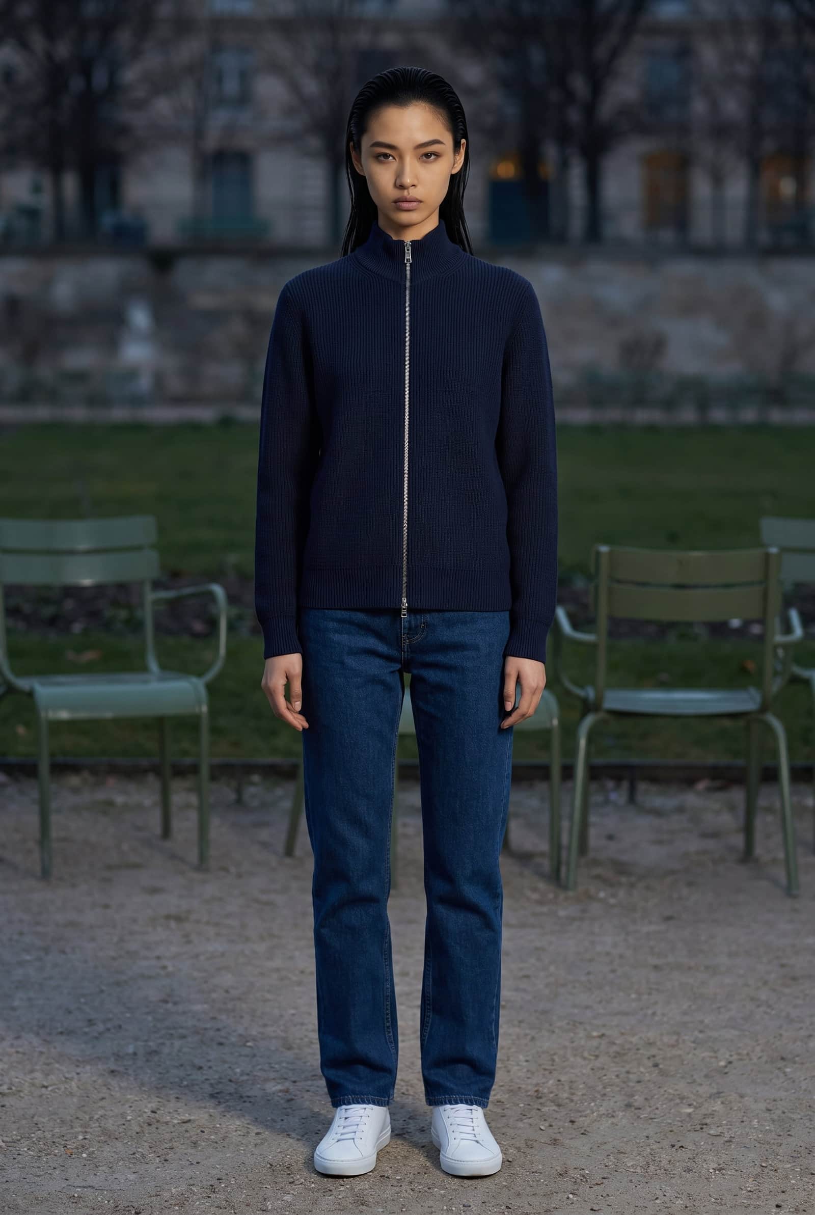 Navy Zip-Up Knit Cardigan