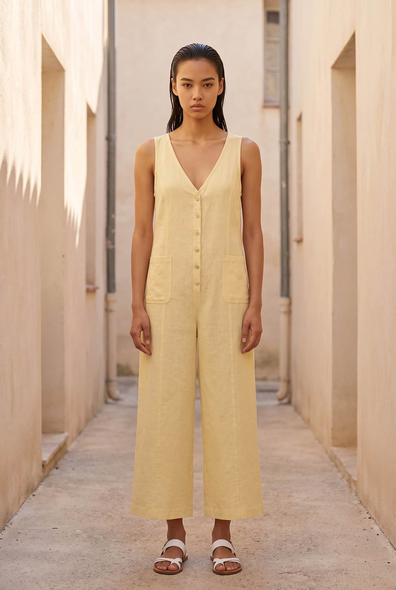 Linen Blend V-Neck Sleeveless Jumpsuit
