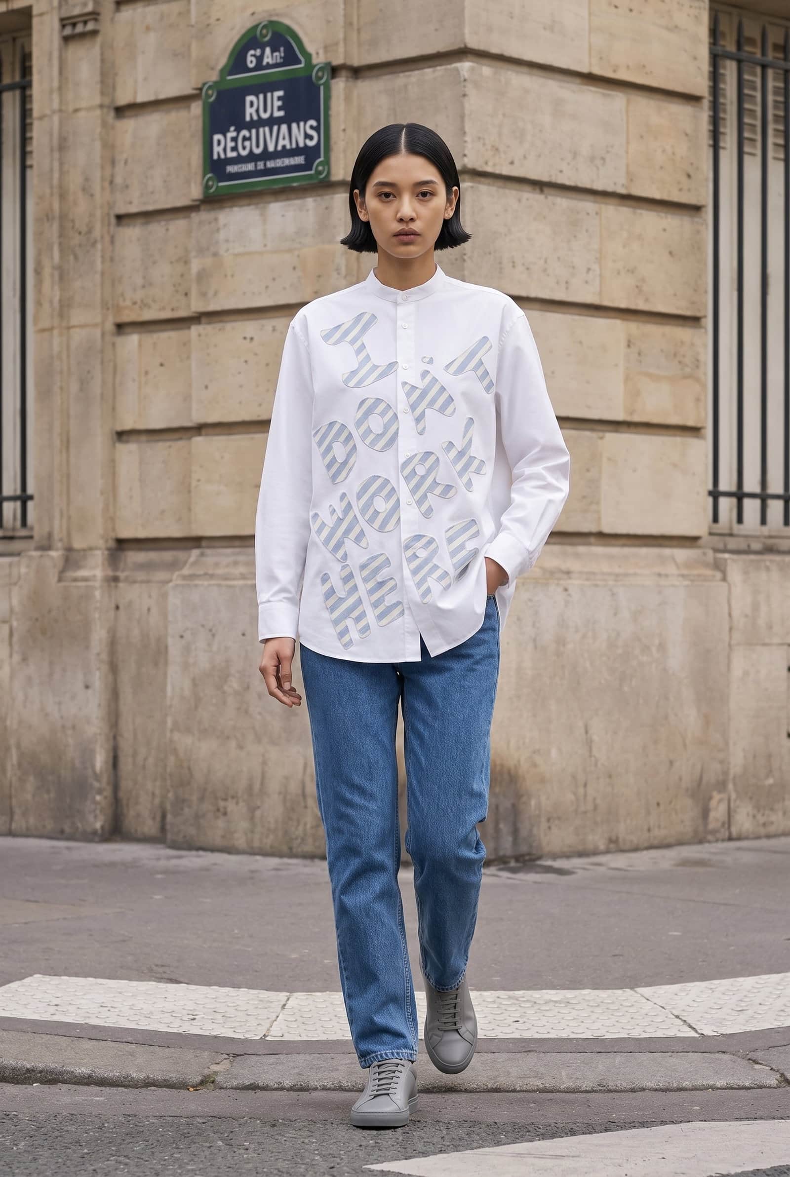 White Applique Band Collar Shirt