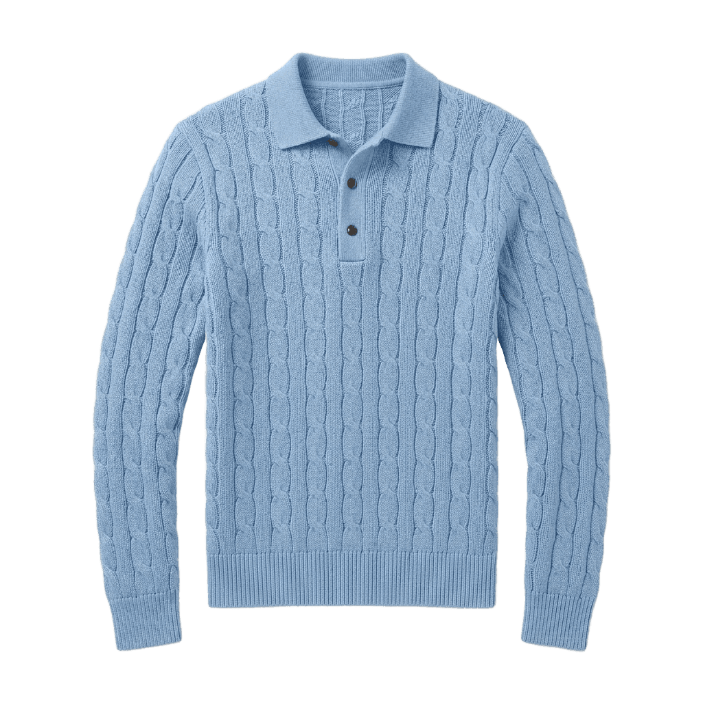 Blue Cable Knit Polo Sweater