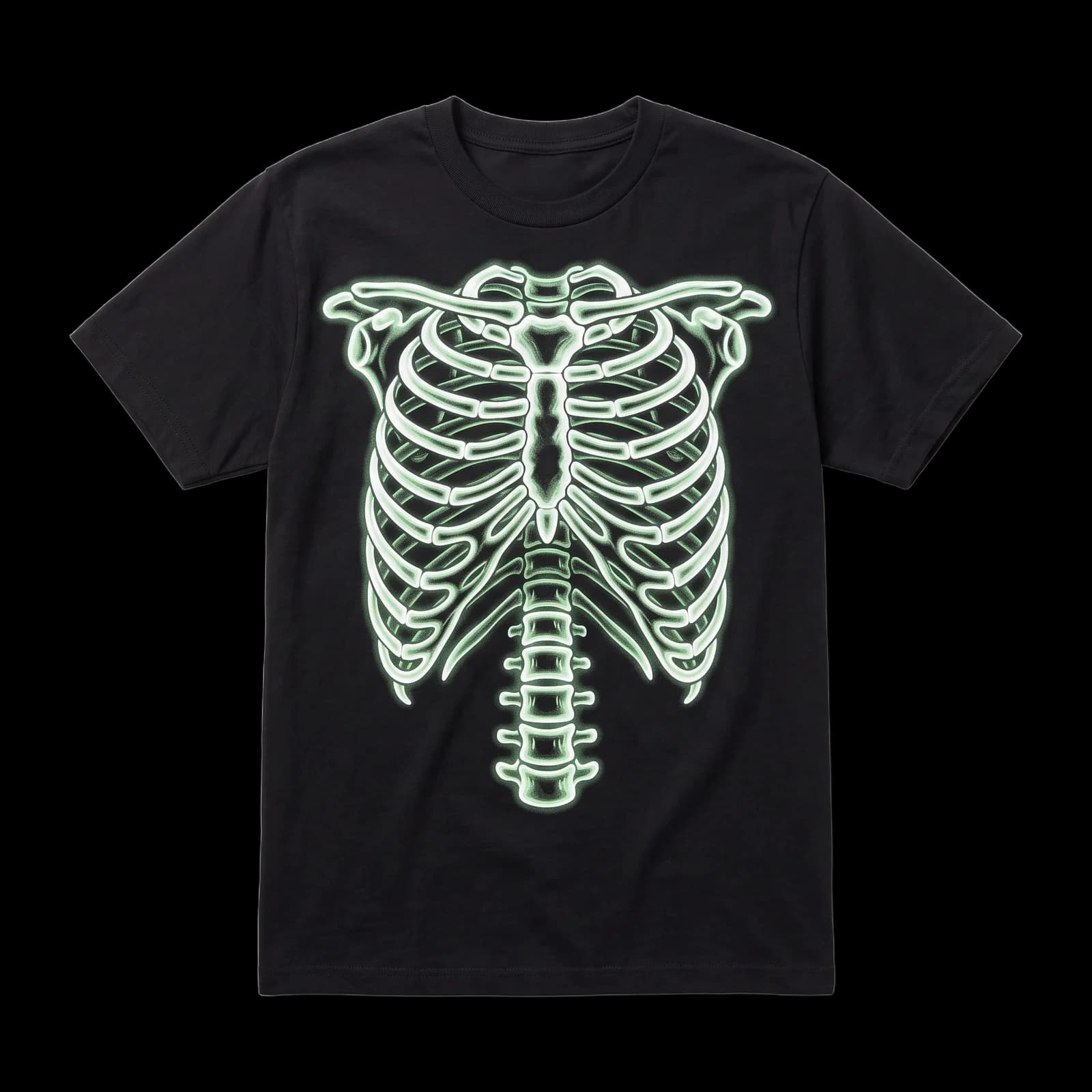 Black t-shirt with a glowing skeleton ribcage print