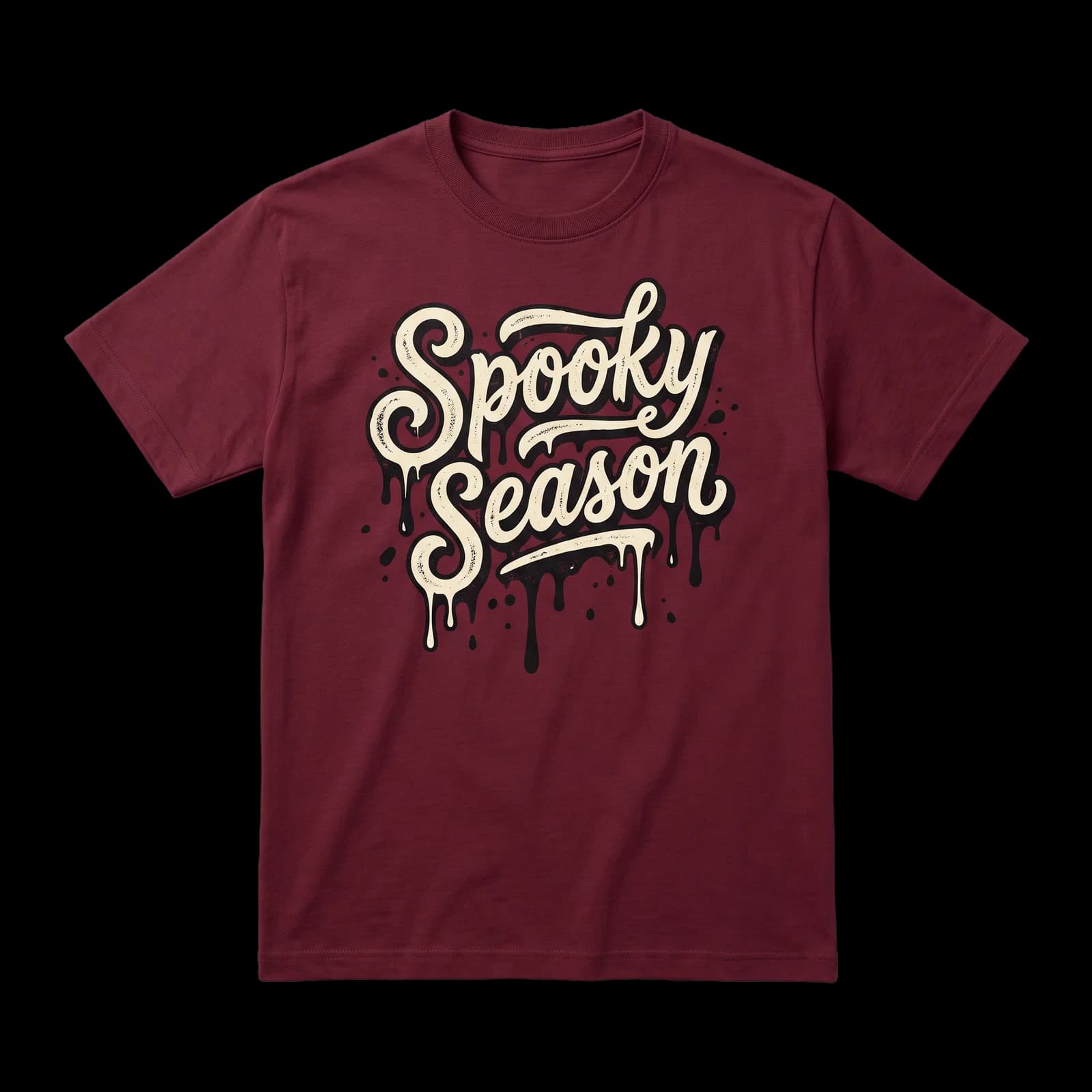 Maroon t-shirt with a drippy Spooky Season script print