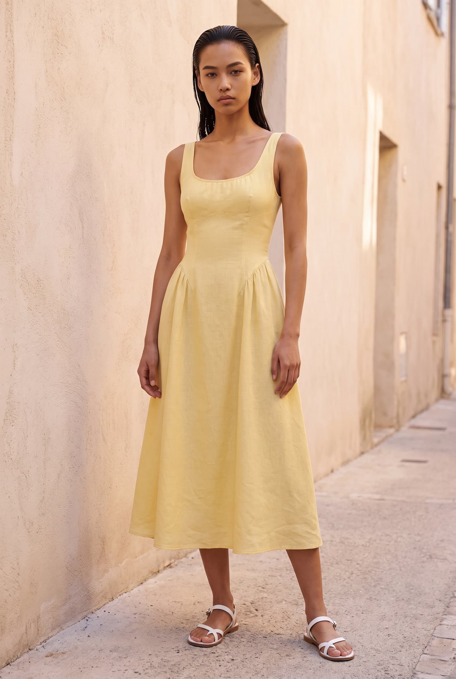 Yellow Linen Midi Dress