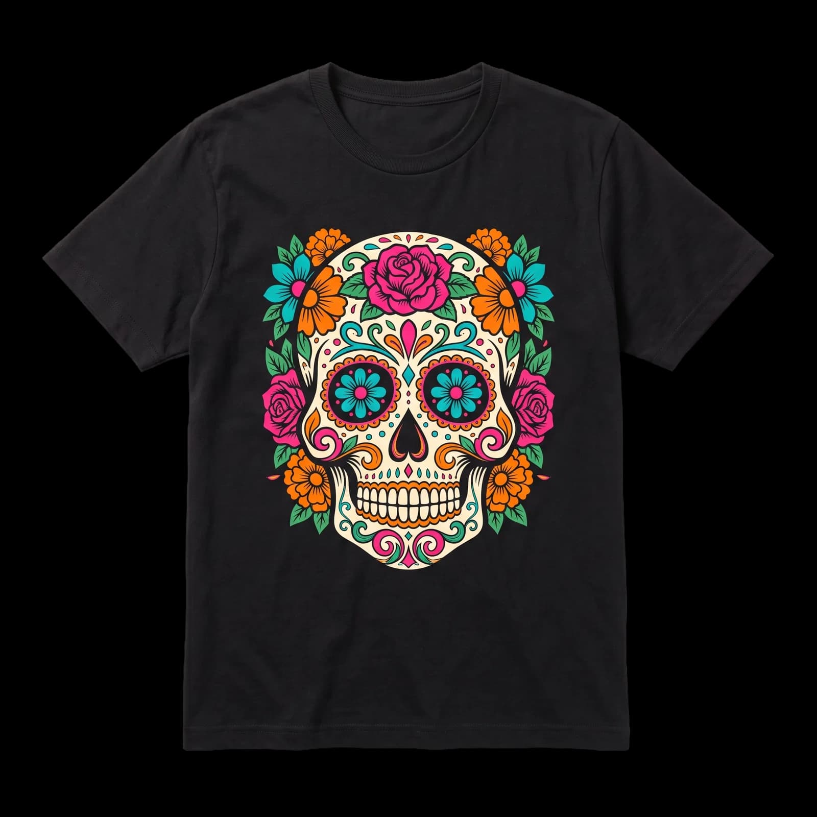 Black t-shirt with a colorful Dia de los Muertos sugar skull print