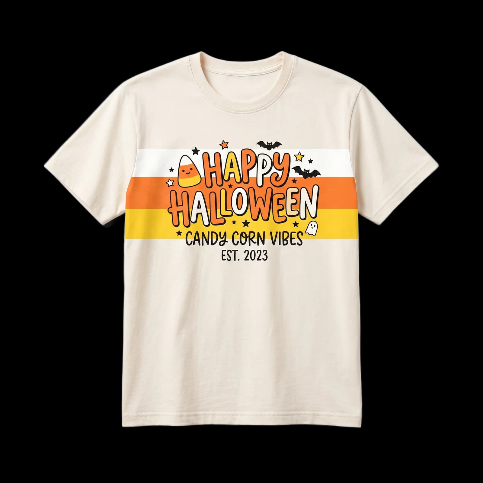 Cream t-shirt with a candy corn color-block stripe print