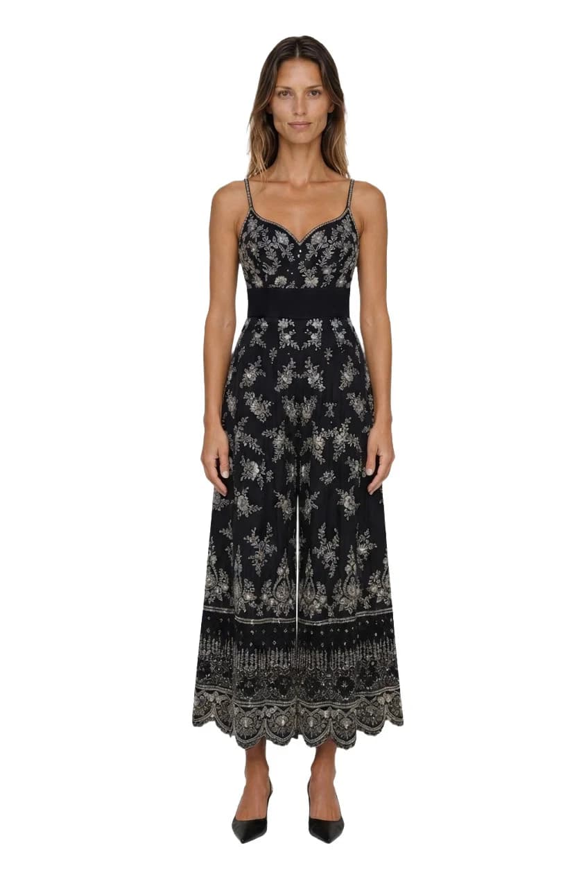 Black Silk Crepe Jumpsuit with Silver Embroidery