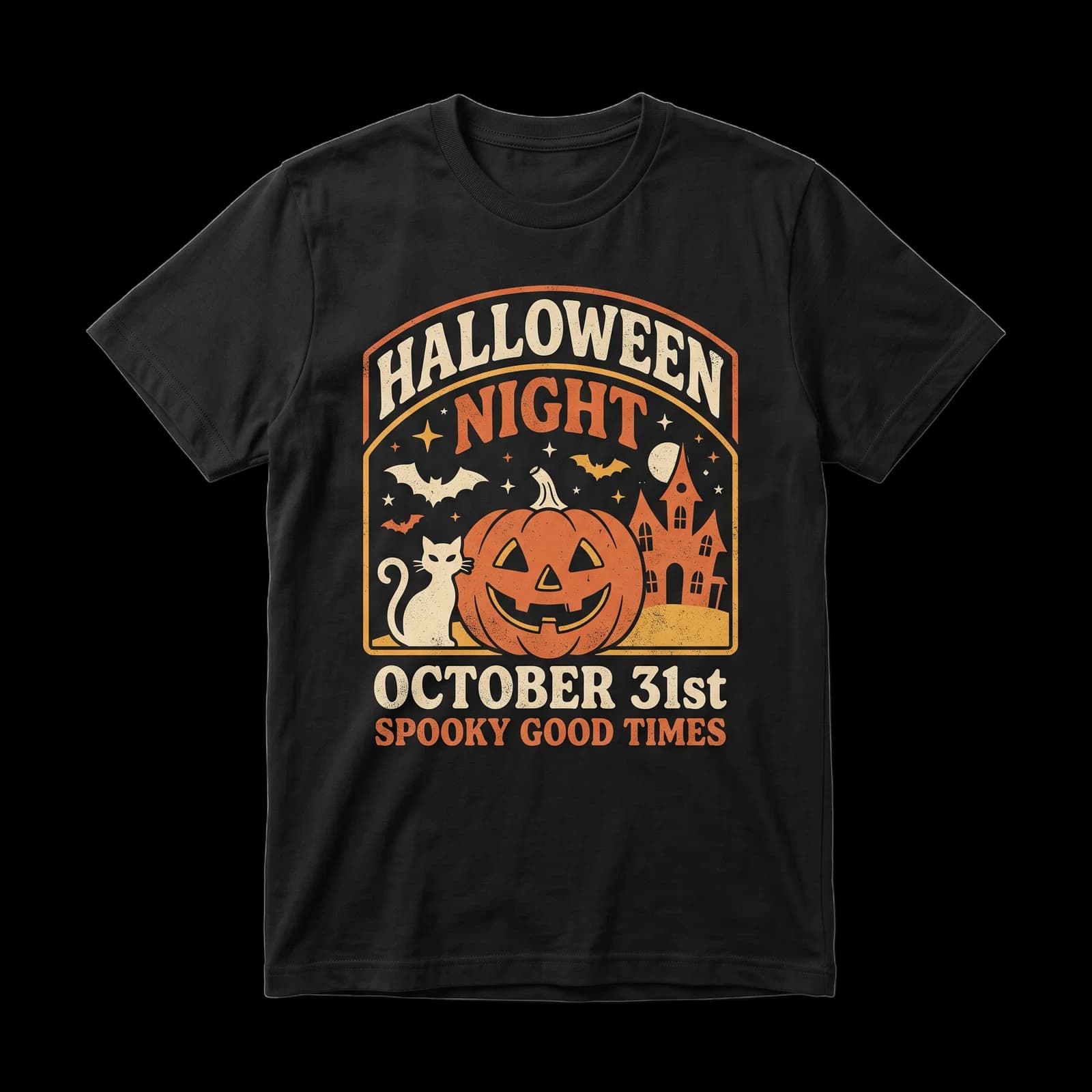 Black t-shirt with a retro vintage poster style print
