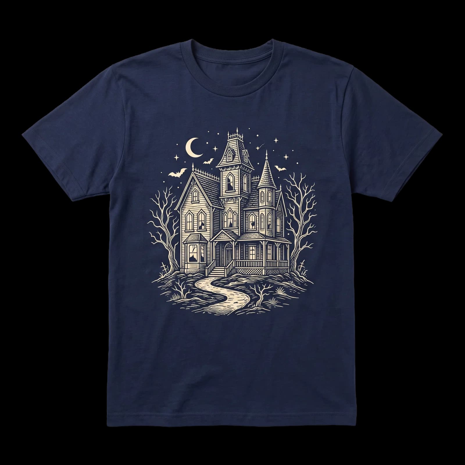 Navy t-shirt with a fine-line haunted house print