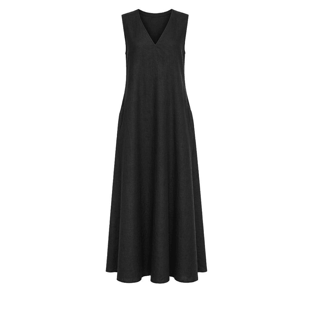 Black Linen V-Neck Maxi Dress