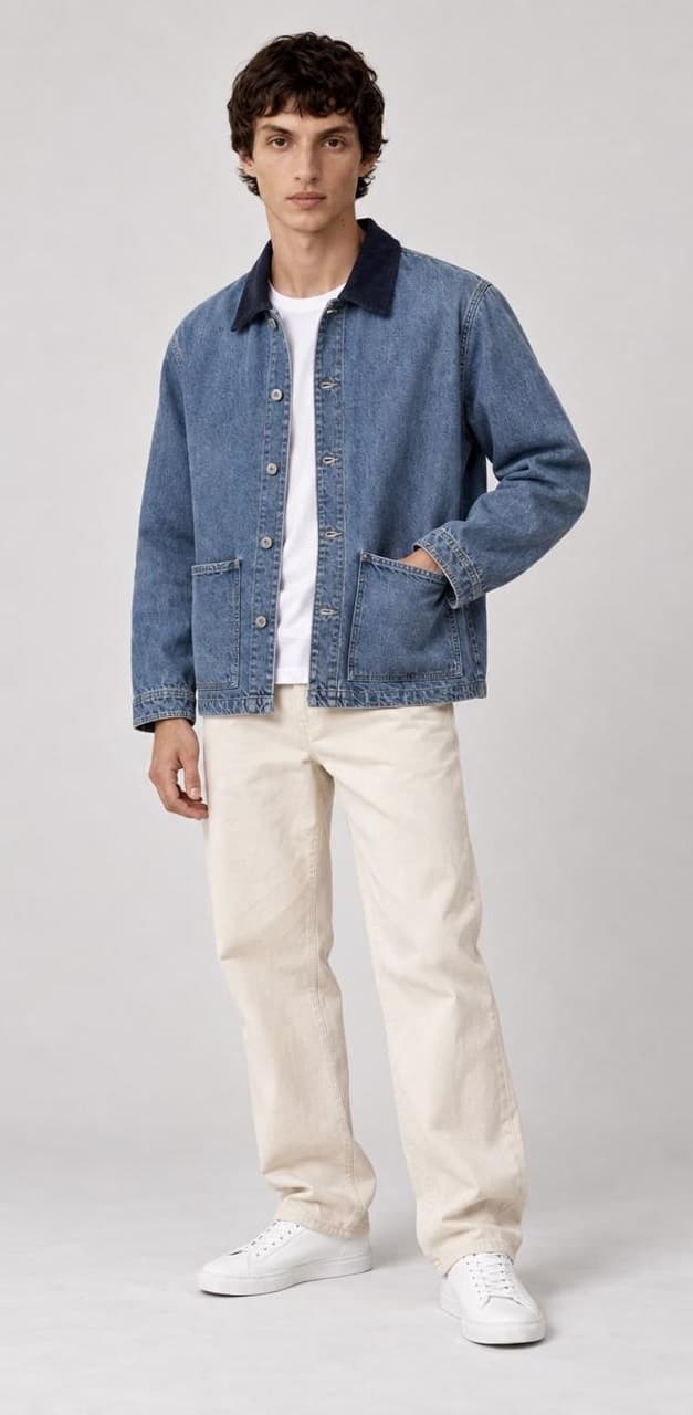 Washed denim chore jacket with a navy cord collar, white tee and cream jeans