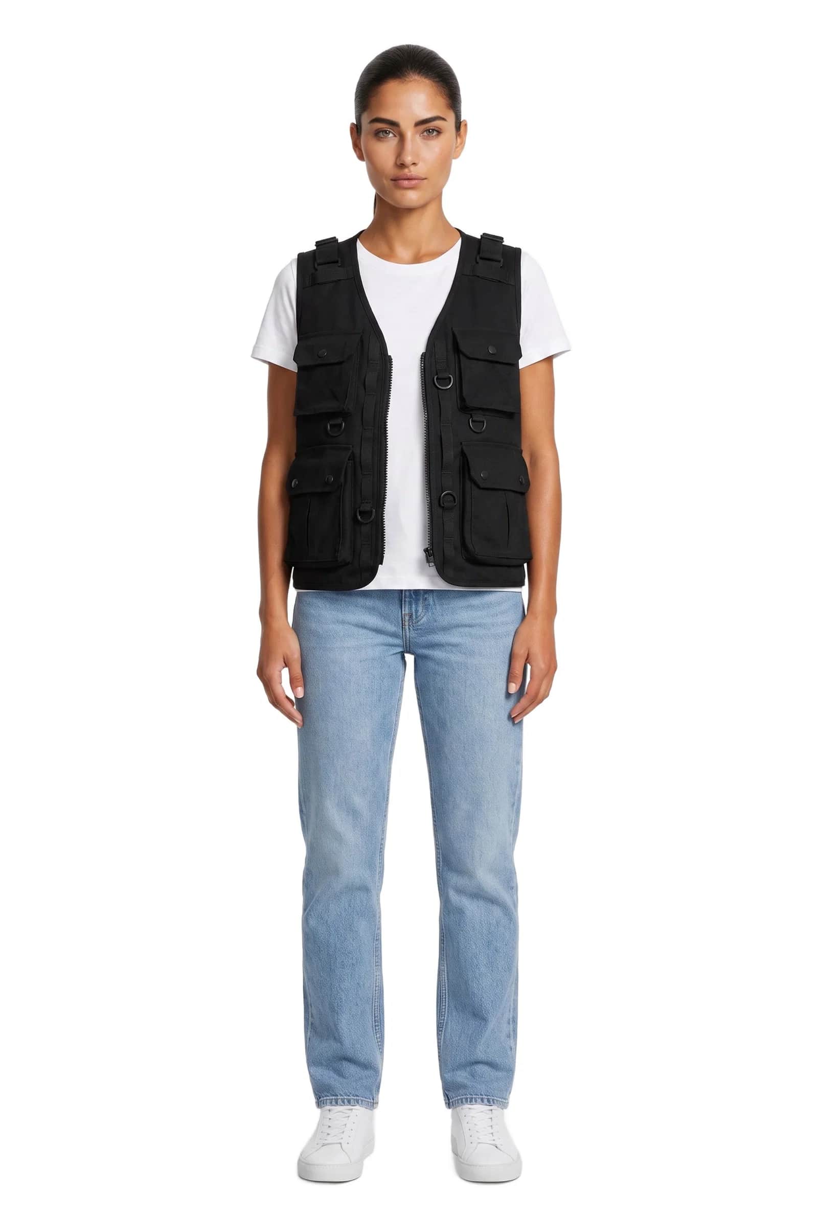 Black Tactical Cargo Vest with D-Ring Details