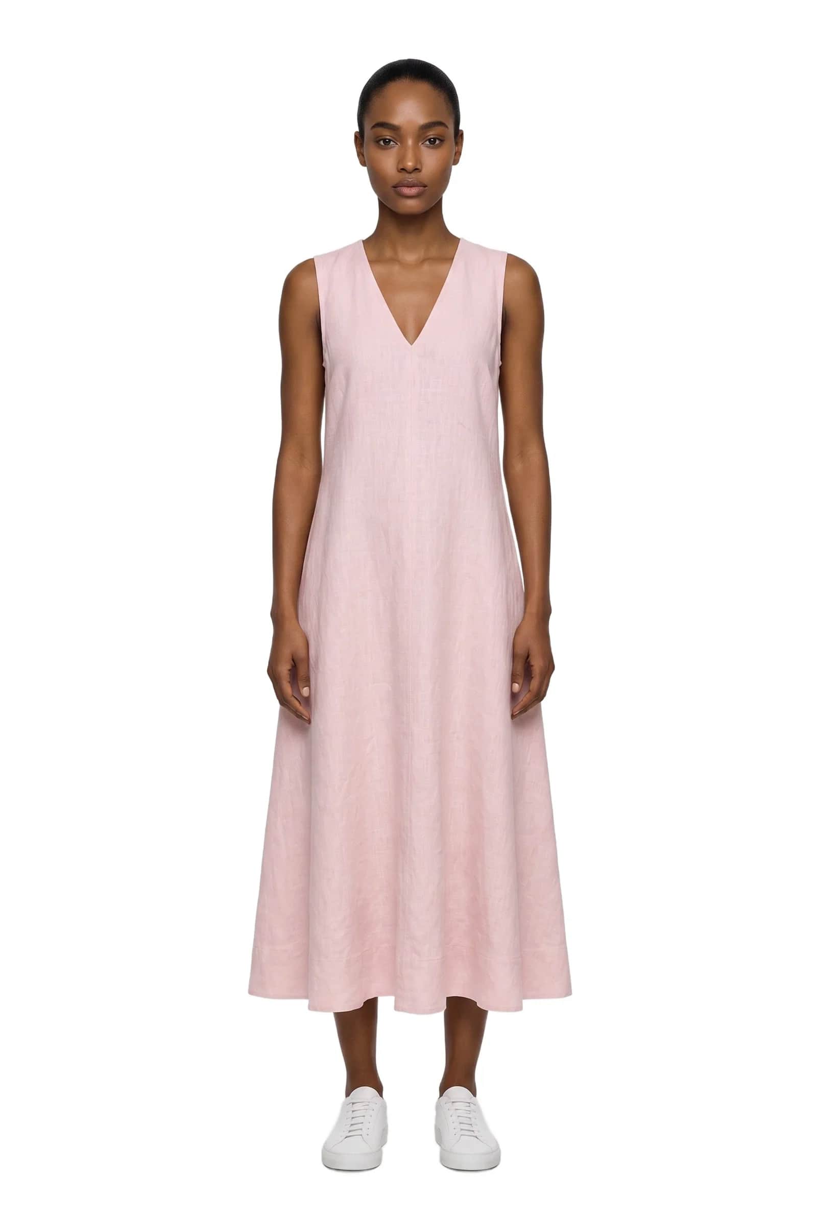 V-Neck Linen-Blend Sleeveless Flare Dress