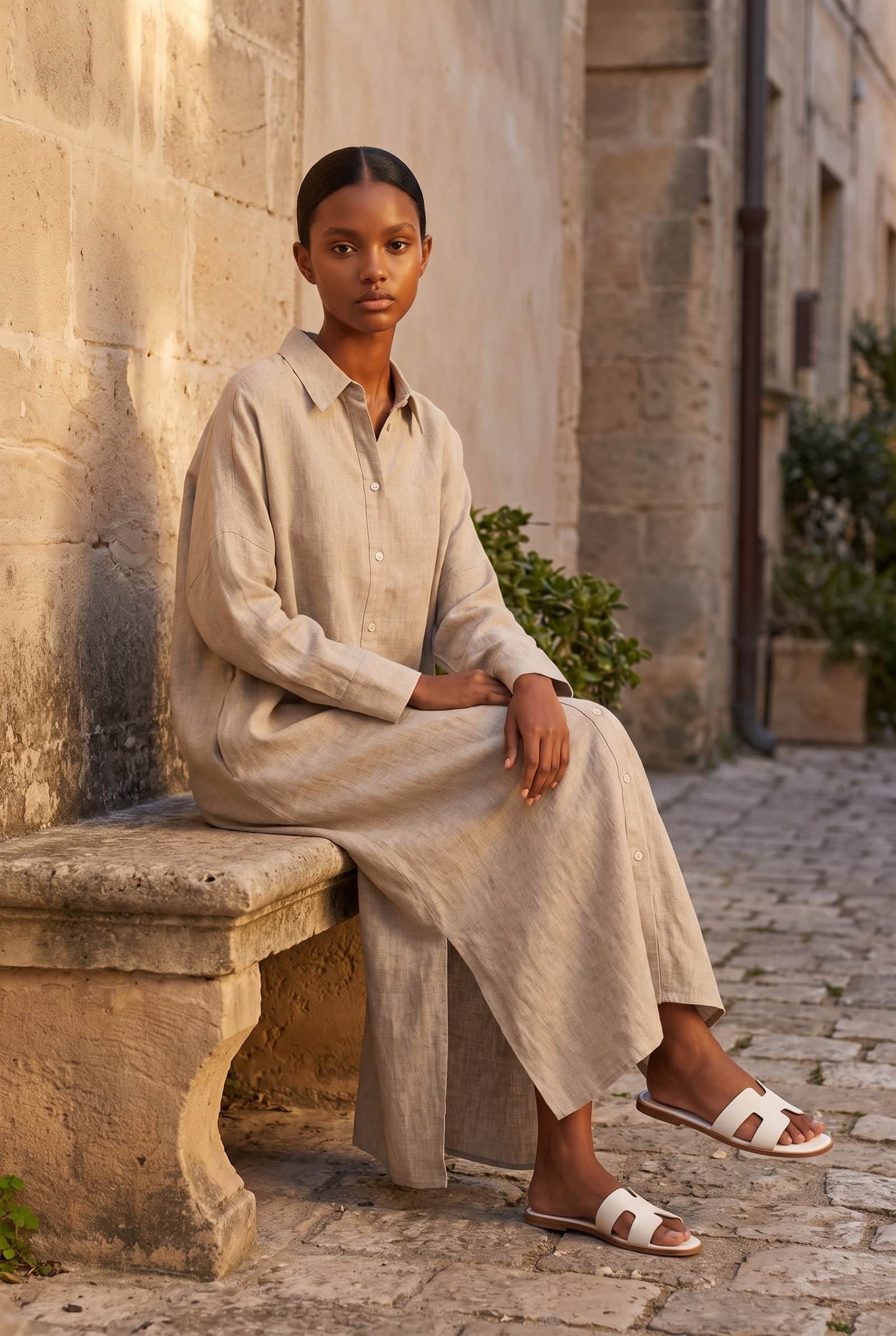 Khaki Linen Kaftan Dress