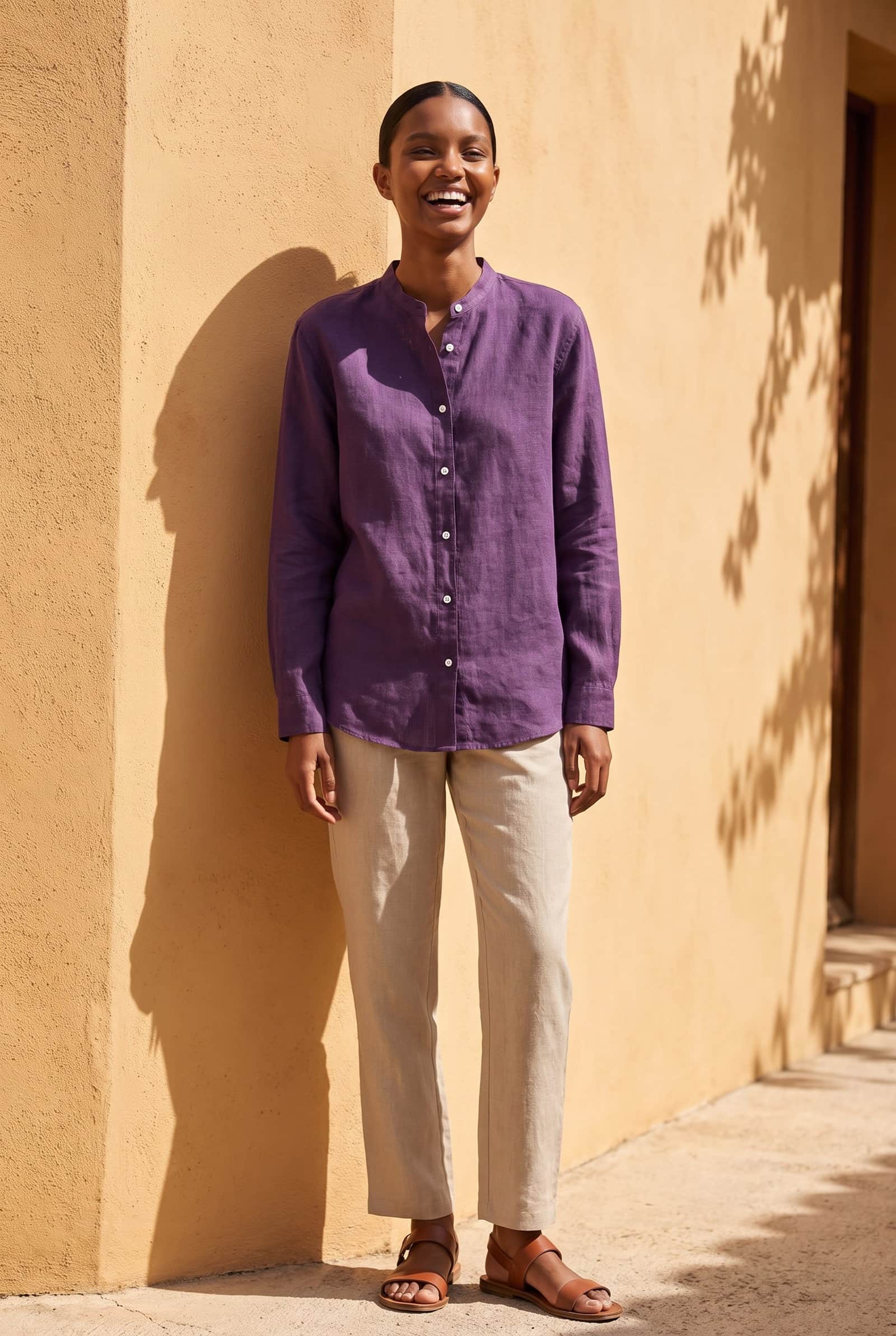 Purple Linen Mandarin Collar Shirt