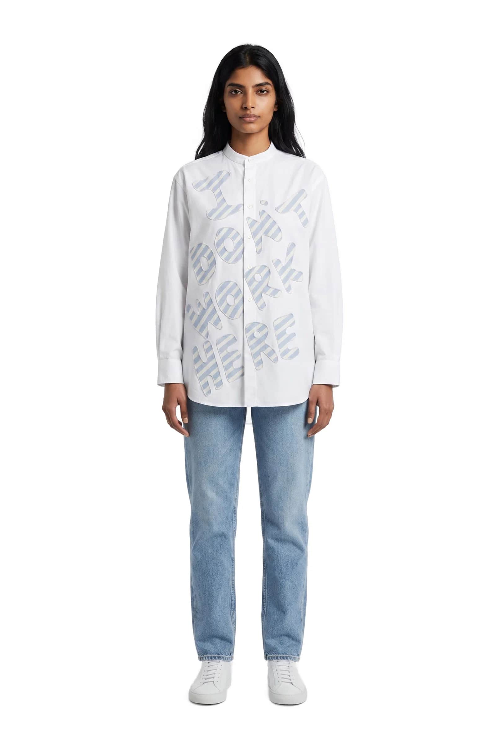 White Applique Band Collar Shirt