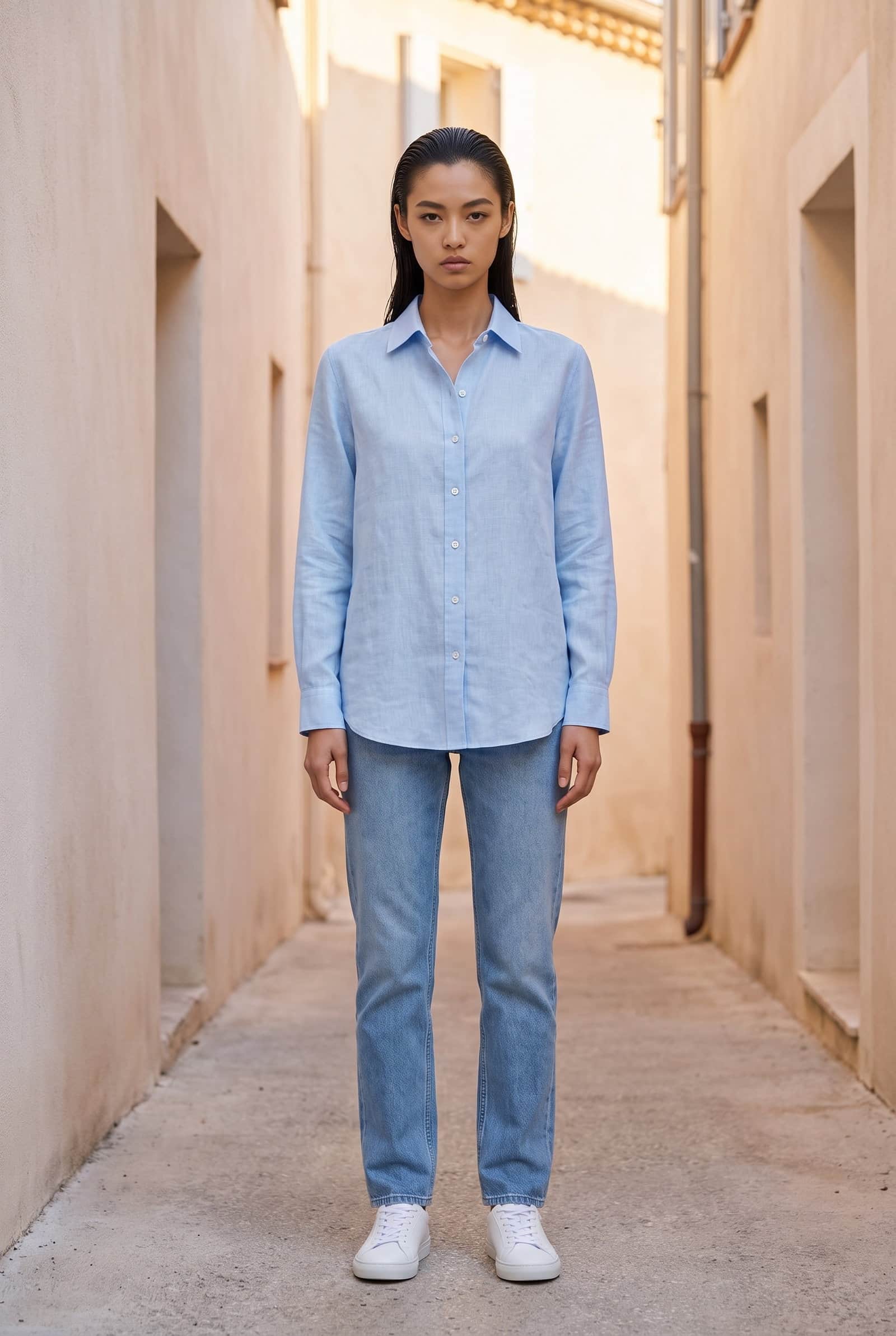 Powder Blue Spread Collar Linen Button-Up