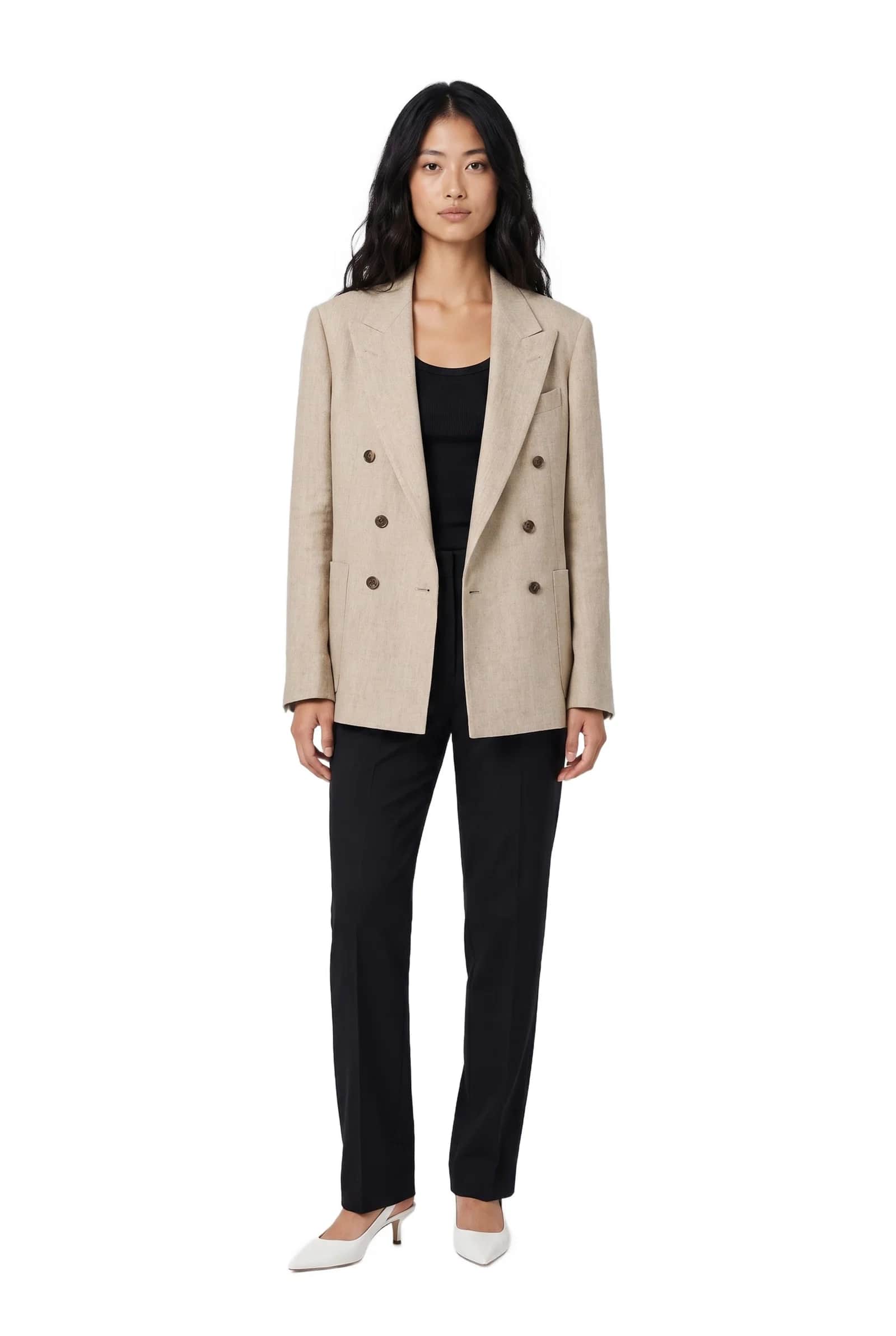 Beige Double-Breasted Linen Blazer