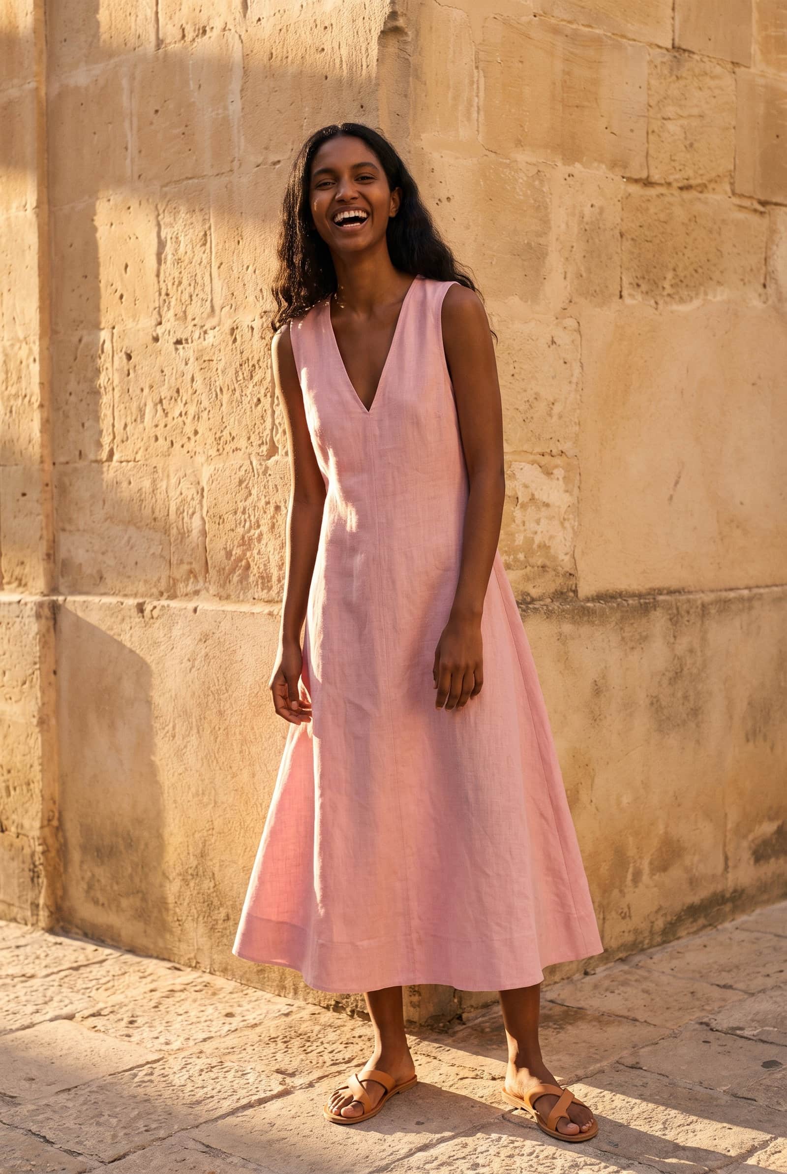 V-Neck Linen-Blend Sleeveless Flare Dress