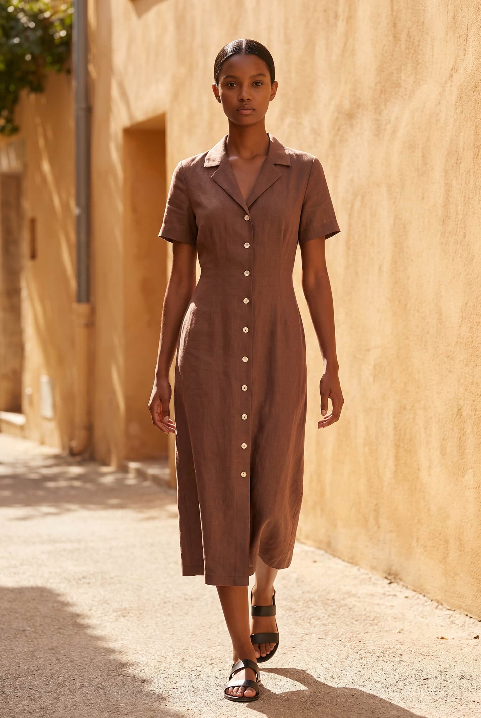 Brown Linen Button-Down Dress