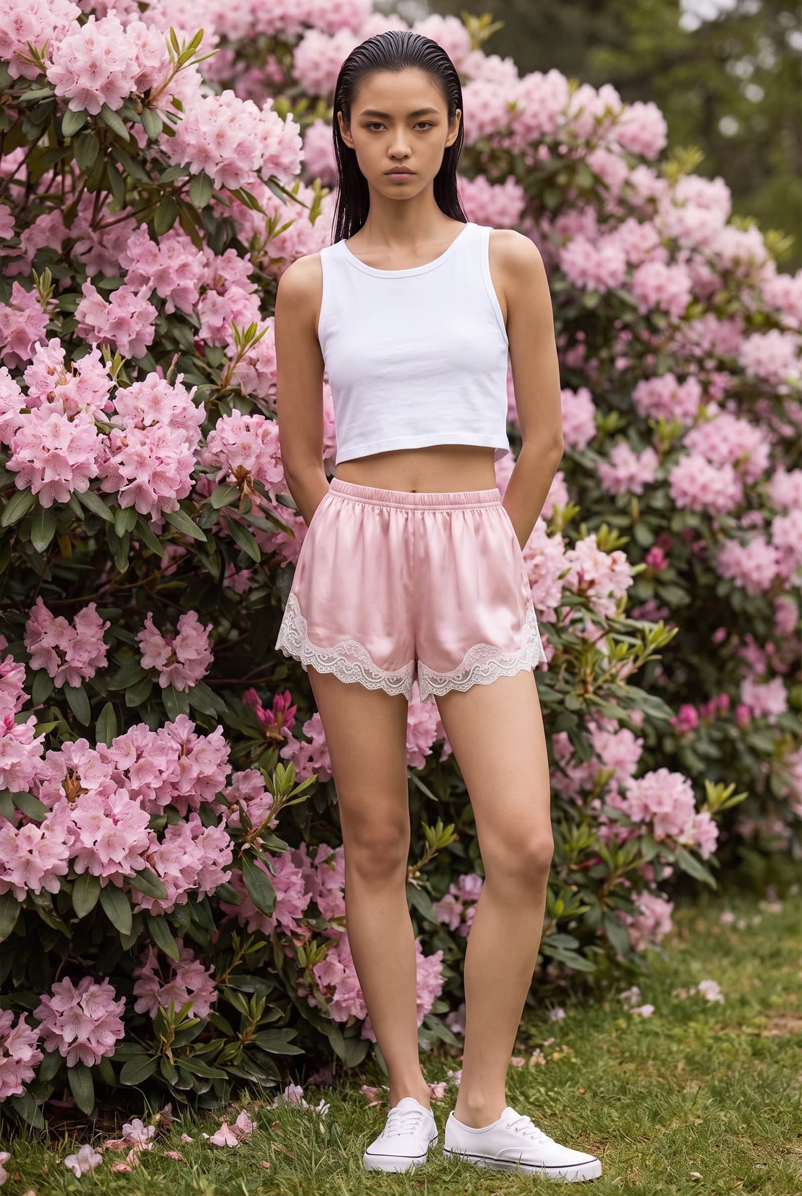 Pink Satin Lace-Trim Shorts