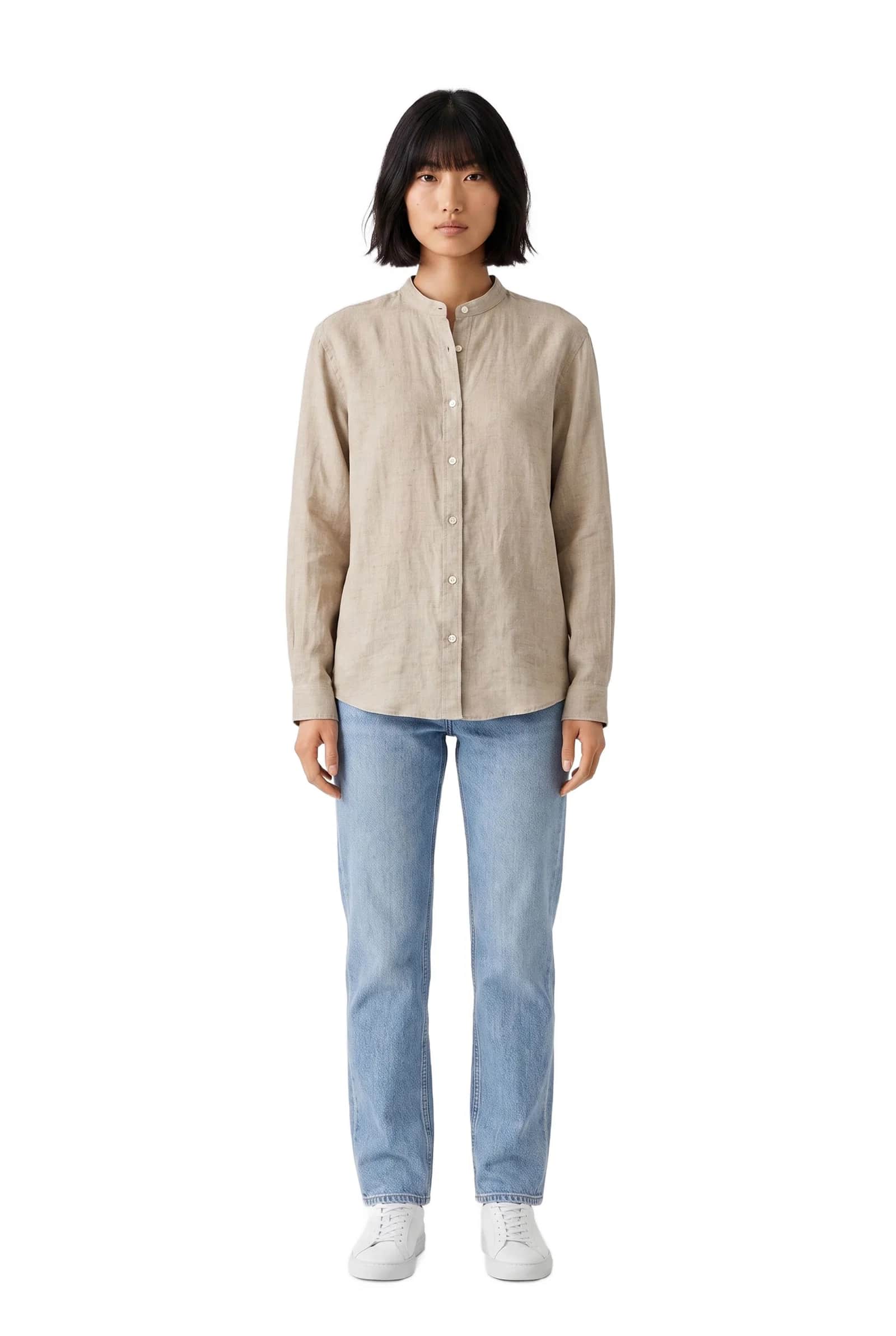 neutral beige Linen Mandarin Collar Shirt