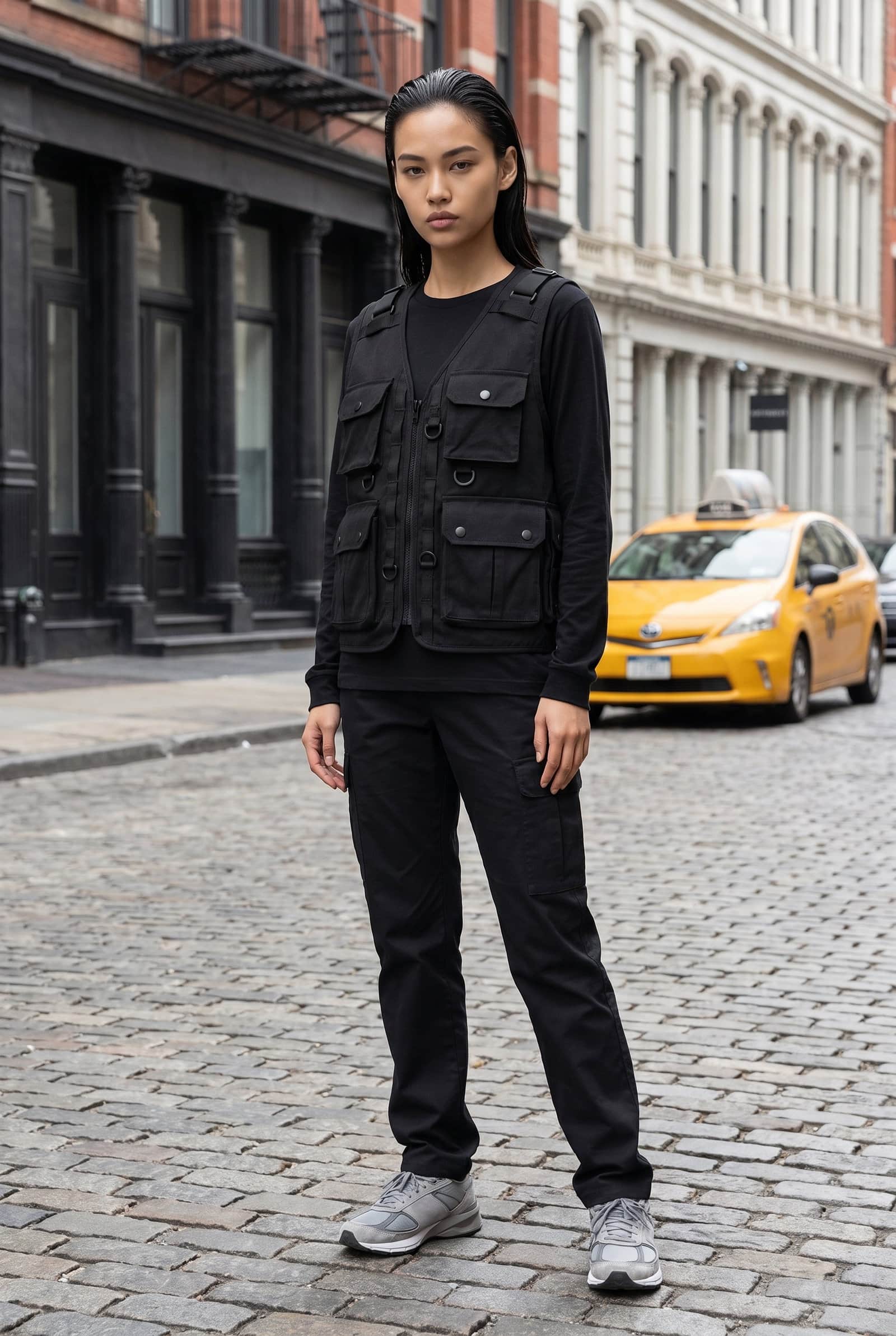 Black Tactical Cargo Vest with D-Ring Details