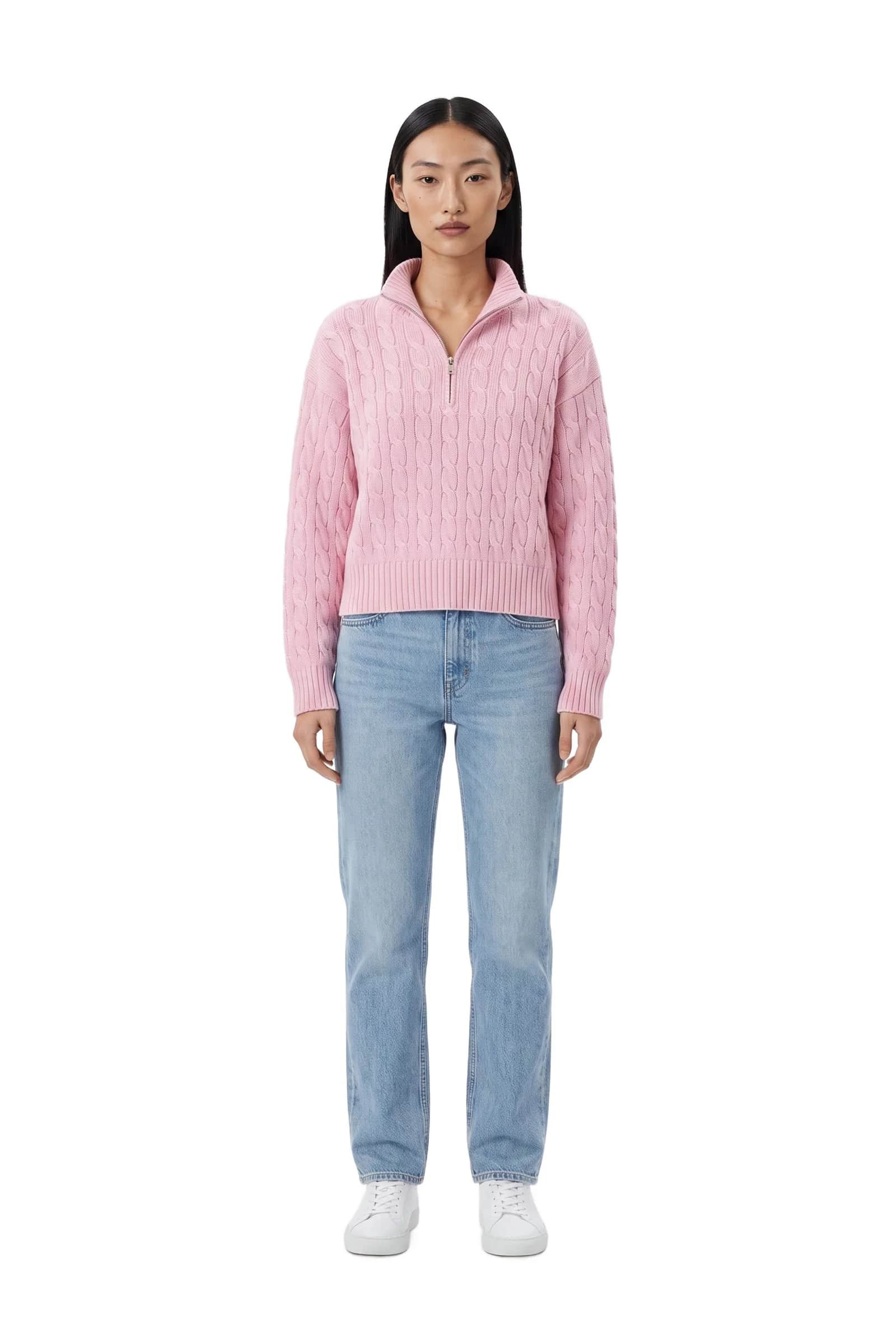 Pink Cable Knit Quarter-Zip Sweater