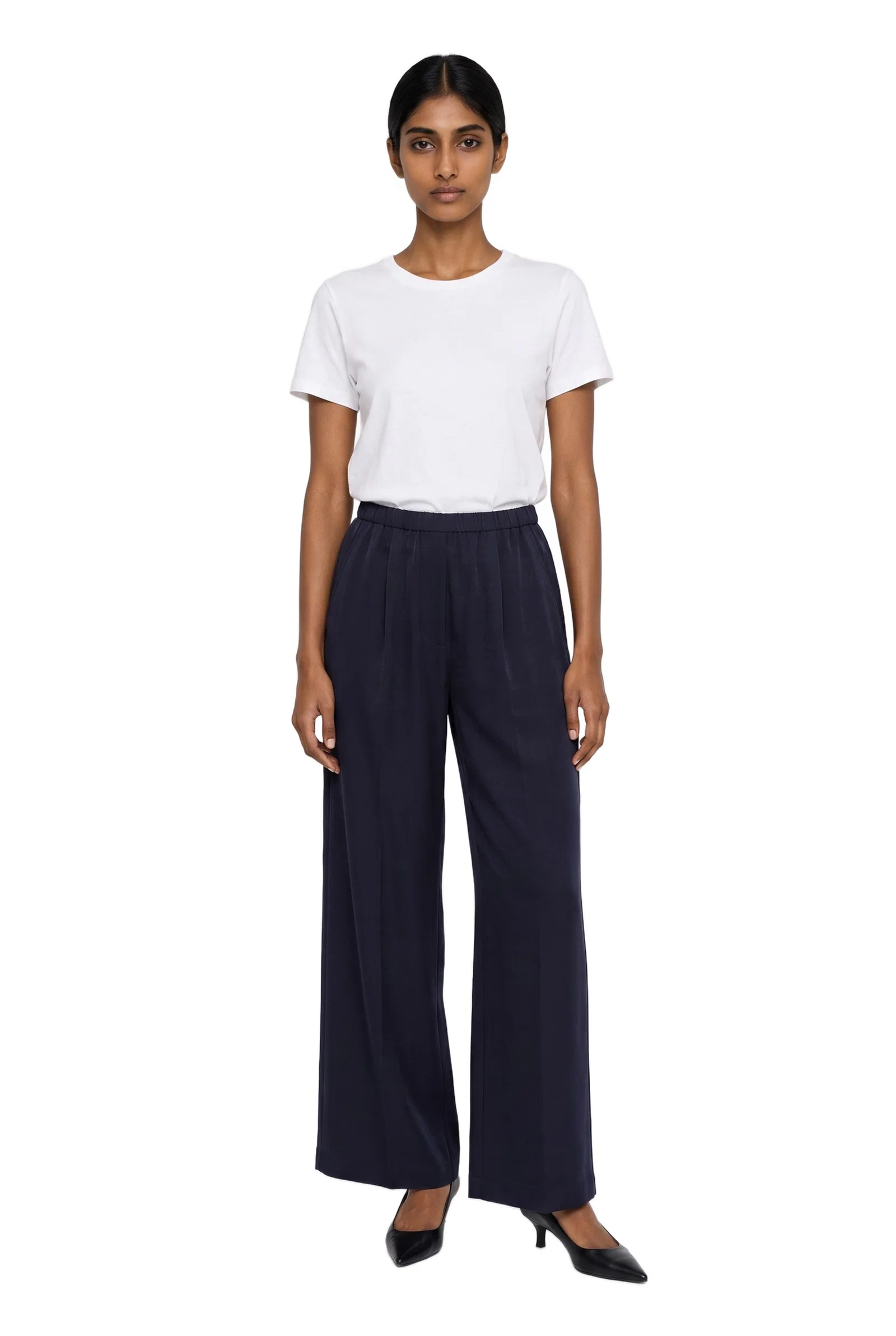 Navy Silk Wide-Leg Pants