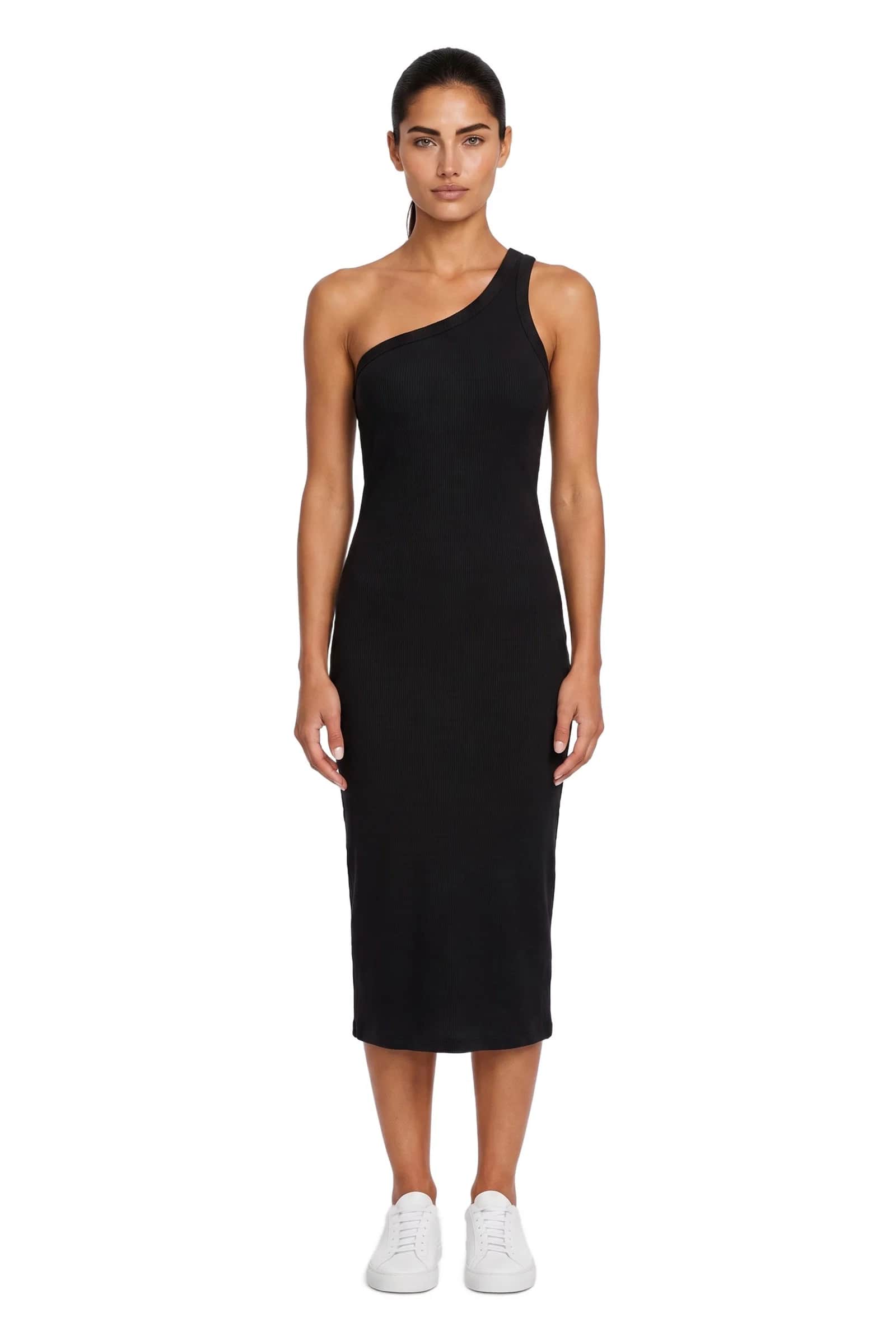 Black One-Shoulder Cotton Midi Dress