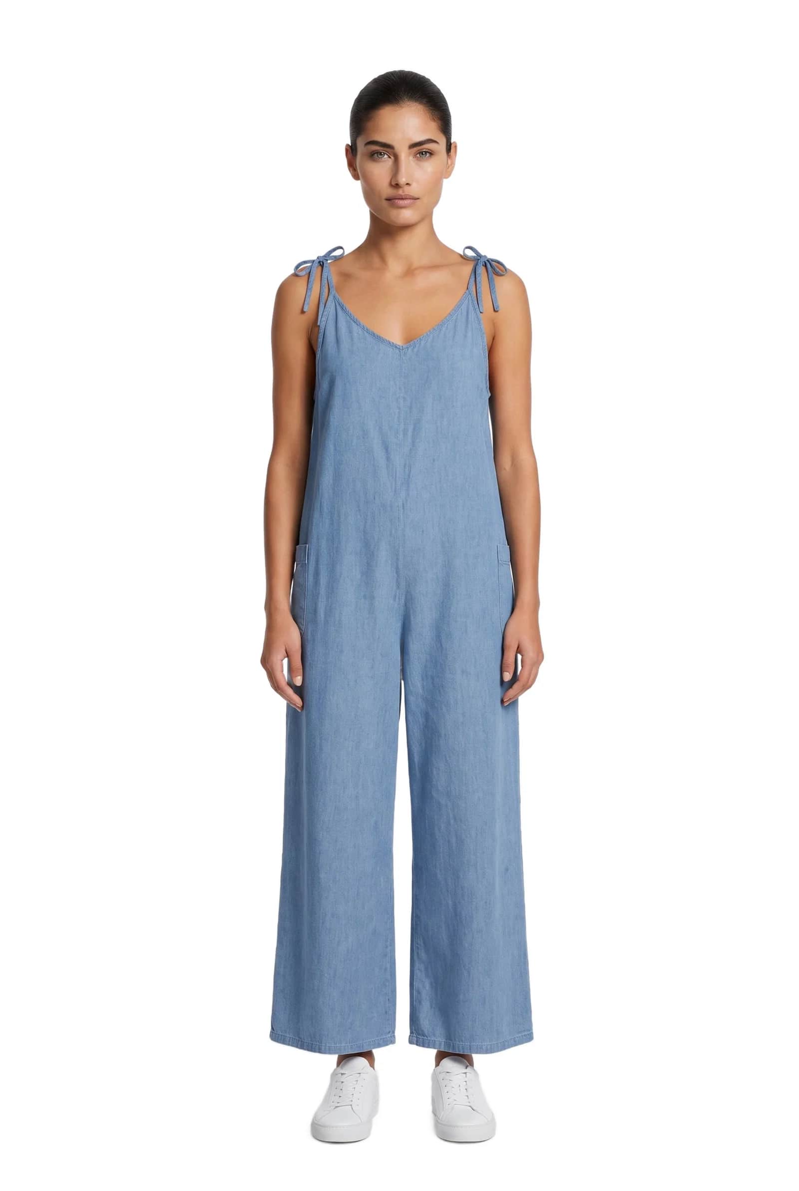 Denim Jumpsuit with Shoulder Tie-Ups.